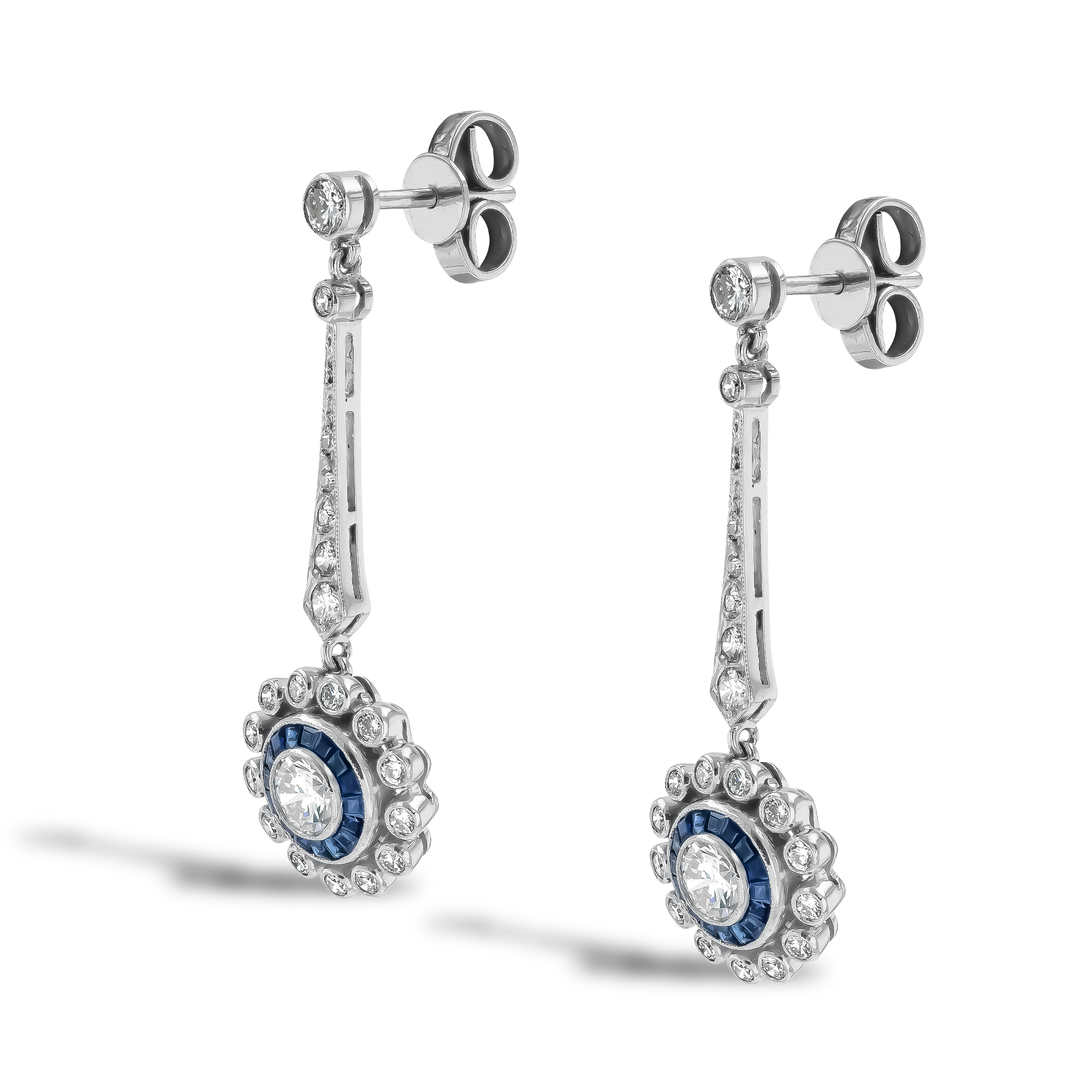 Art Deco Inspired Brilliant Cut Diamond and Sapphire Target Style Drop Earrings Brilliant Cut, Millegrain Set_2