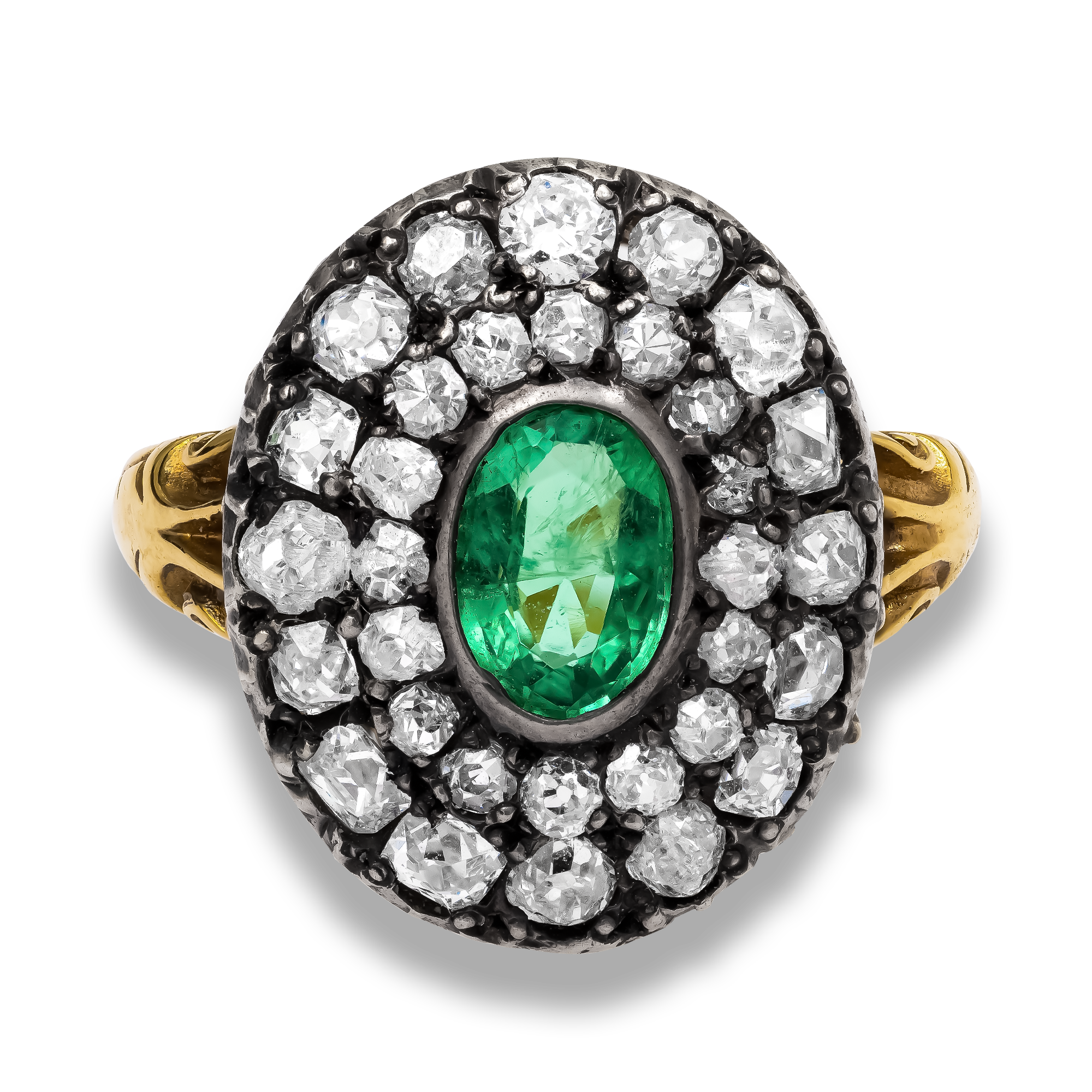 Victorian Oval Cut 0.60ct Emerald and Diamond Cluster Ring Oval Cut, Rubover Set_2