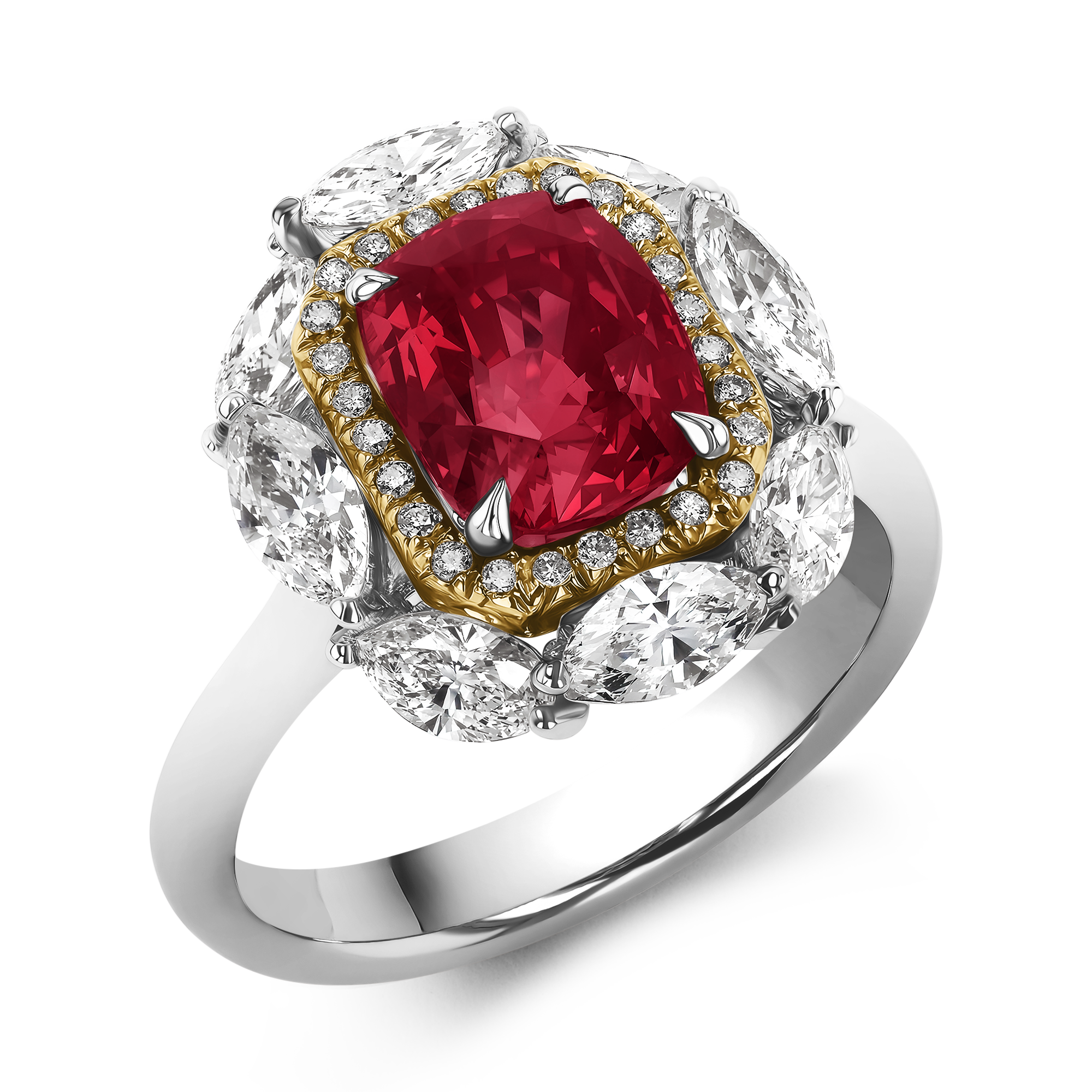 Mozambique Ruby and Diamond Cluster Ring Cushion modern cut, Claw set_1