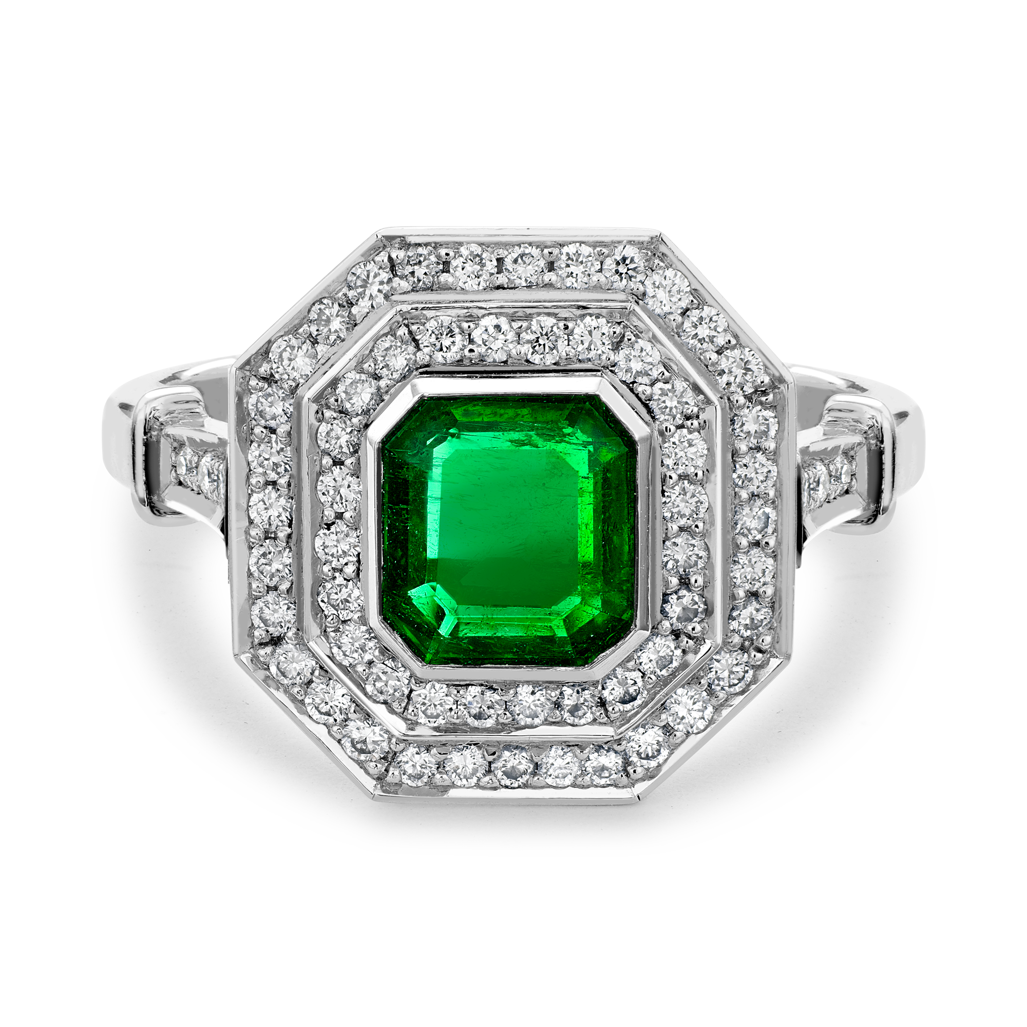 Art Deco Inspired 0.82ct Emerald and Diamond Target Ring Emerald Cut, Rubover Set_2