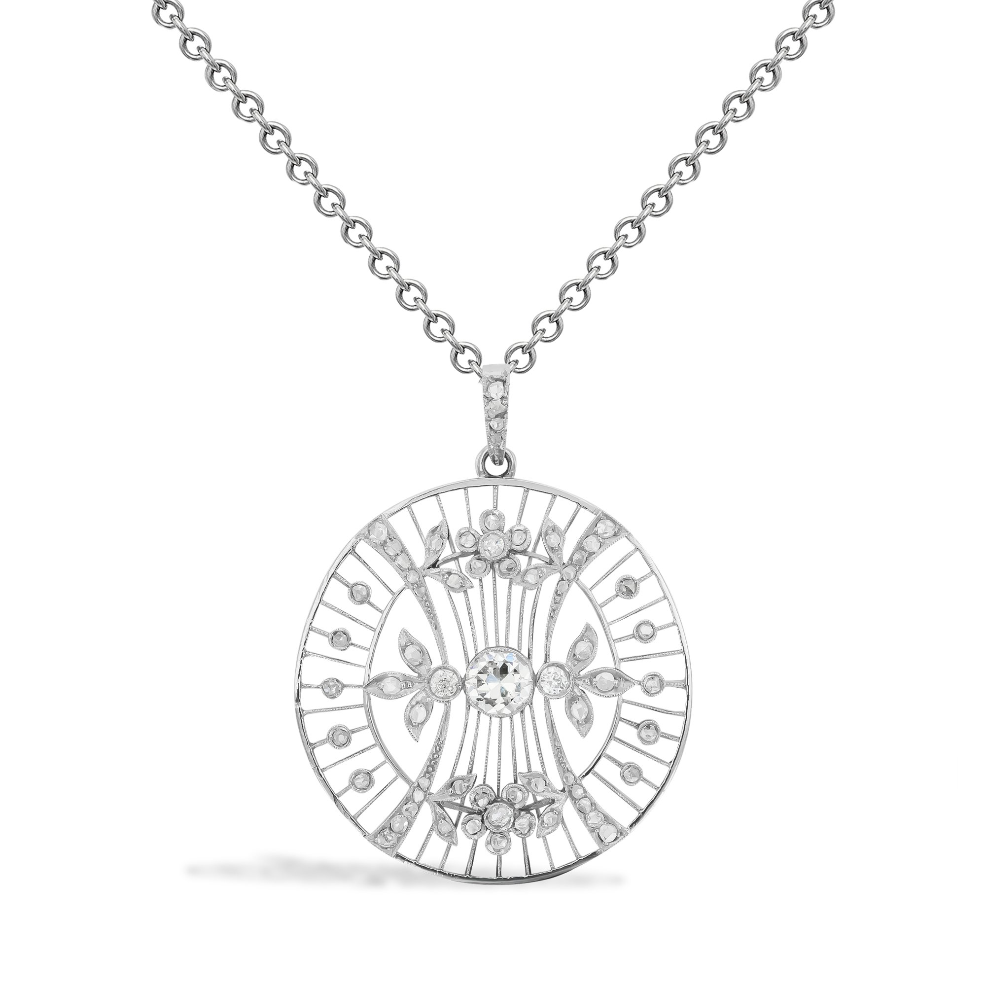 Edwardian Old and Rose Cut Diamond Floral Pendant Old European Cut, Millegrain Set_2