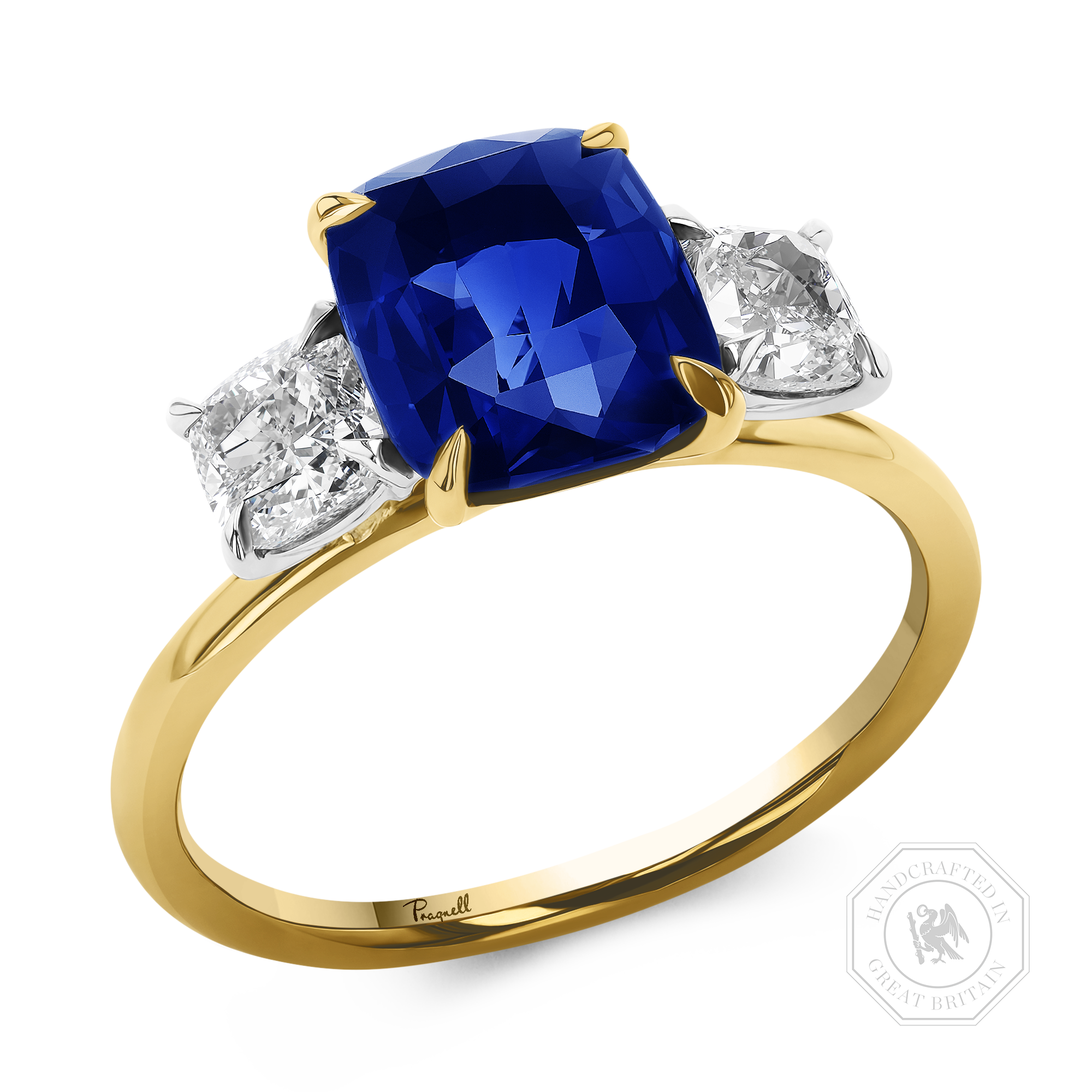 Madagascan 3.06ct Sapphire and Diamond Three Stone Ring Cushion Modern Cut, Rubover Set_1