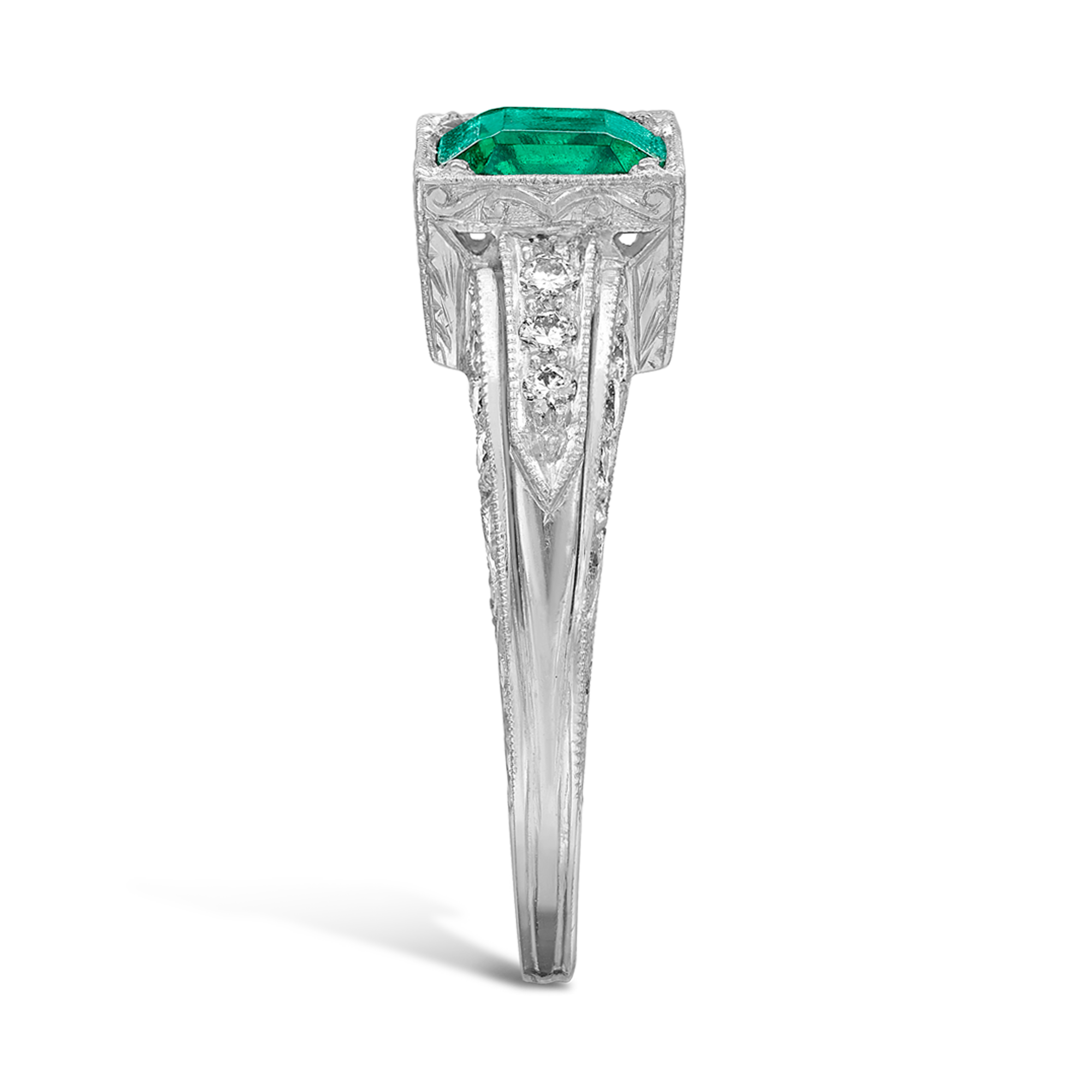 Art Deco Diamond & Emerald Ring Step Cut Two Stone Ring, with Diamond Surround_4