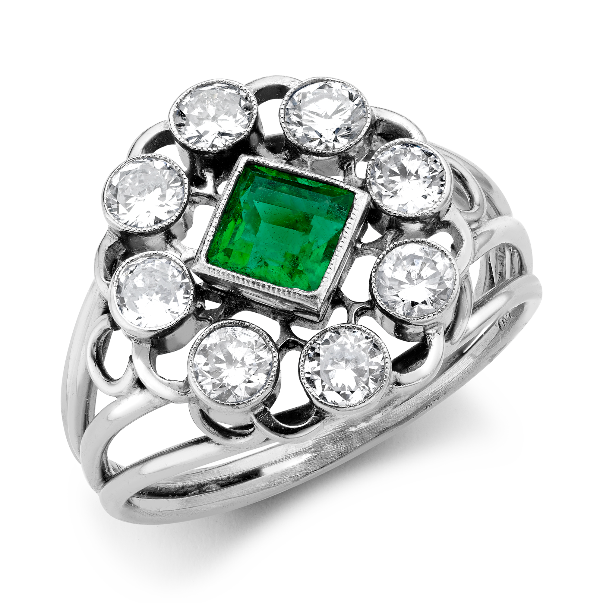 Edwardian Emerald & Diamond Dress Ring Square & Brilliant Cut, Millegrain Set_1