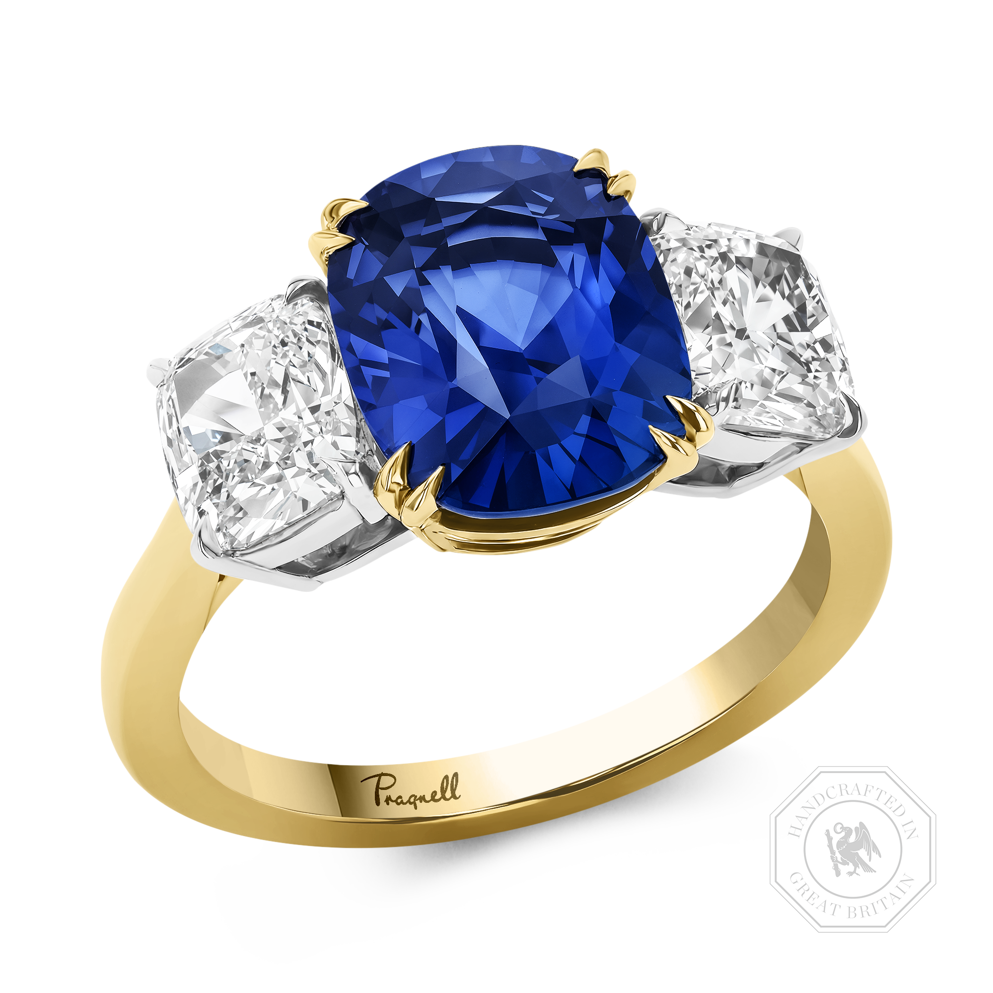 Cushion Cut 4.06ct Sri Lankan Sapphire Three Stone Ring Cushion modern cut, Claw set_1