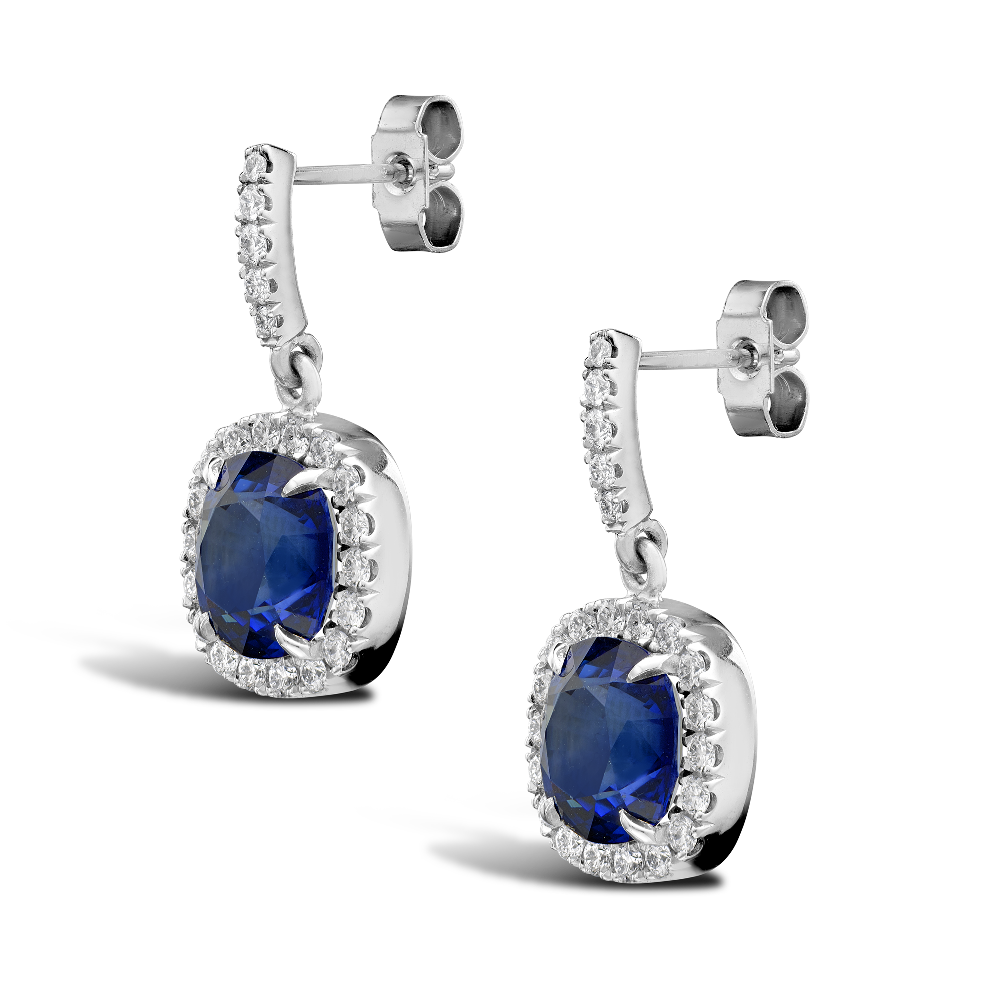 Madagascan Cushion Sapphire Drop Earrings Cushion & Brilliant Cut, Claw Set_2