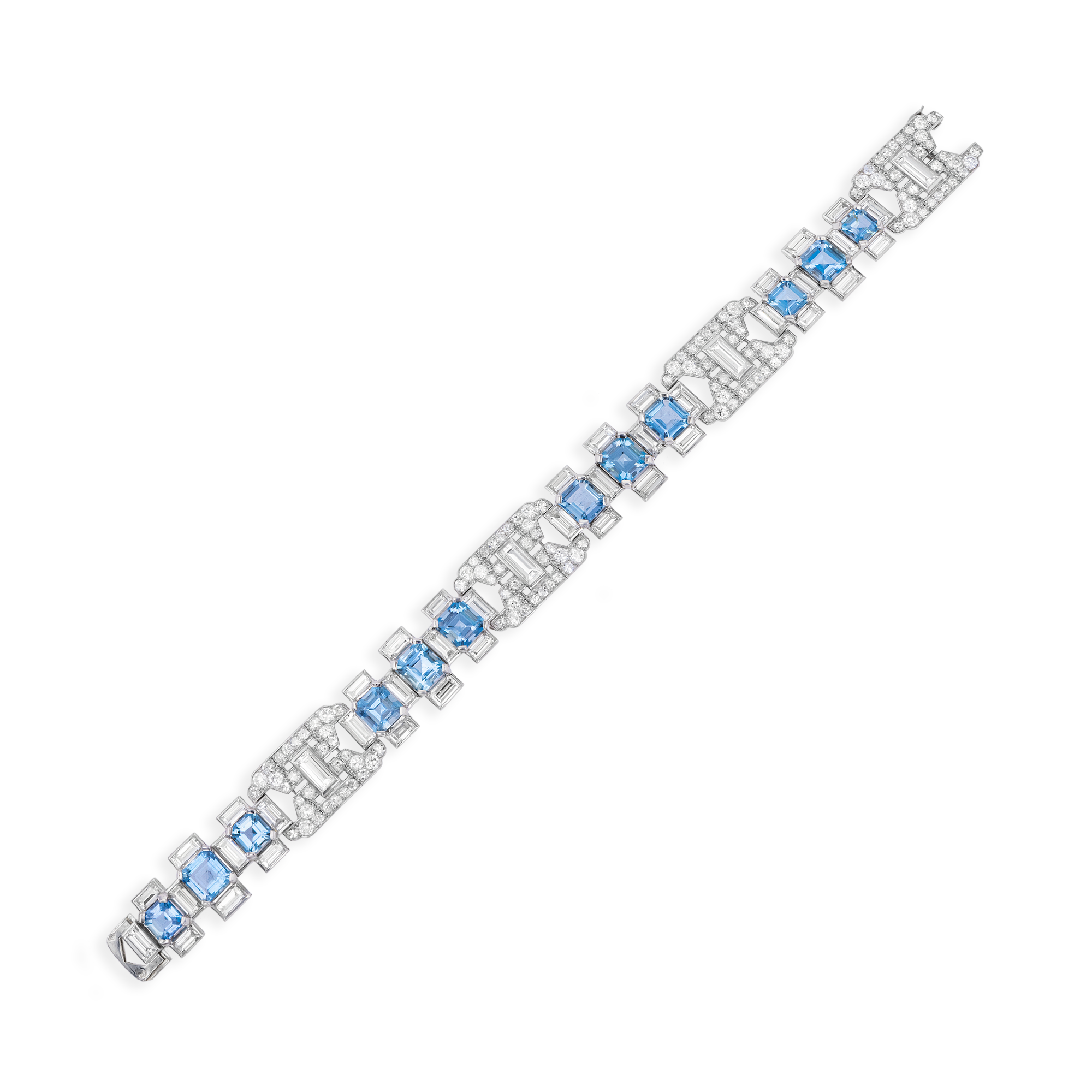 French Art Deco Aquamarine & Diamond bracelet Round Brilliant-cut & Baguette-cut Diamonds  Emerald-cut Aquamarines Grain & Rub-over set_2