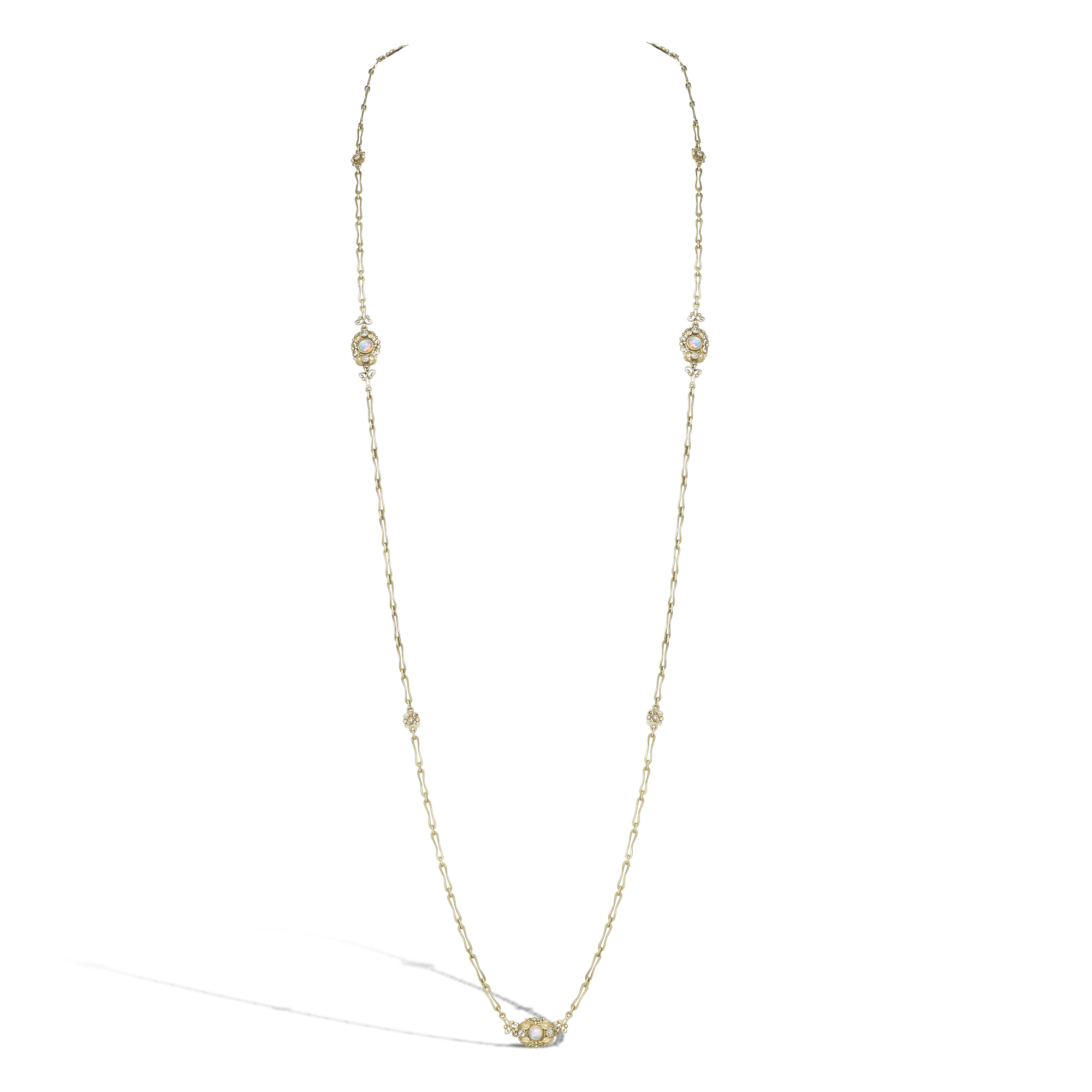 Art Nouveau Cabochon Opal & Diamond Long Chain Necklace Cabochon & Old Cut, Rubover Set_1