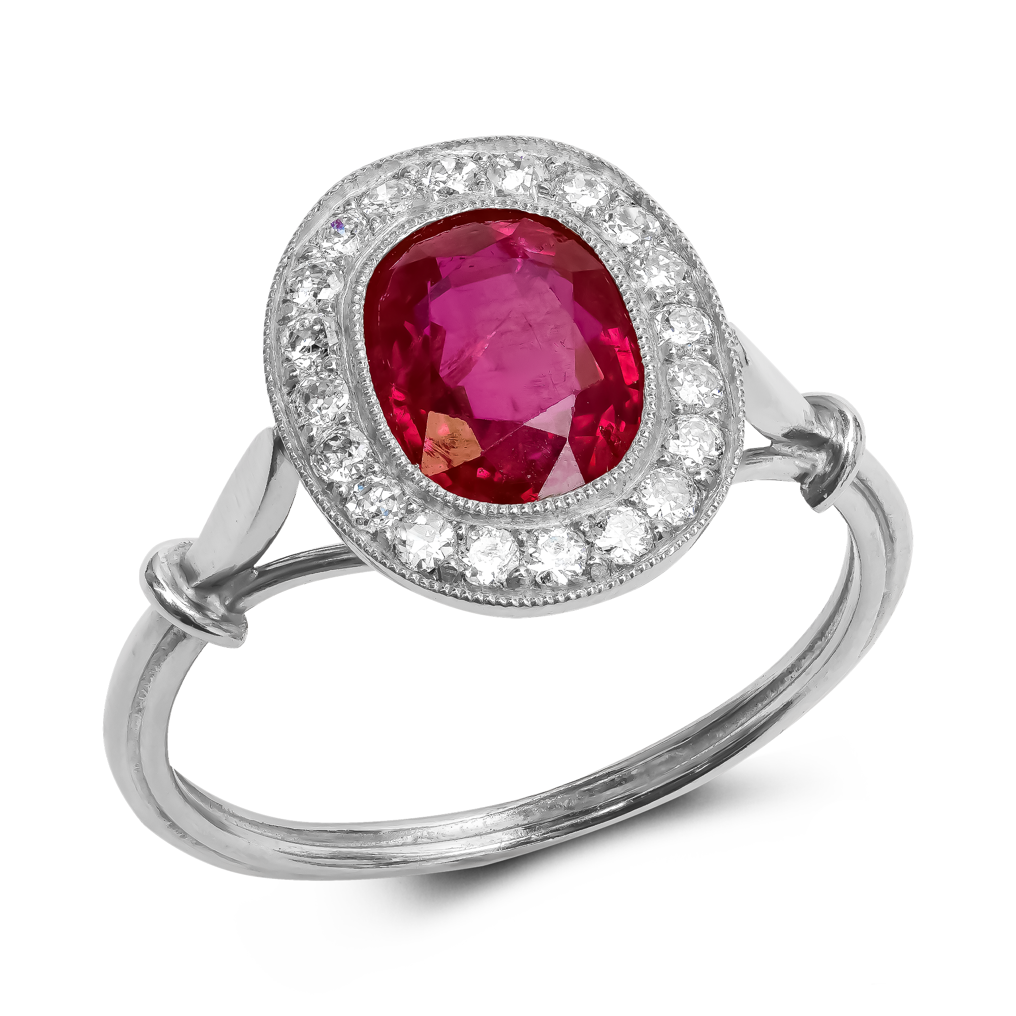 Victorian Cushion Cut 1.68ct Burma Ruby and Diamond Ring Modern Cushion Cut, Millegrain Set_1