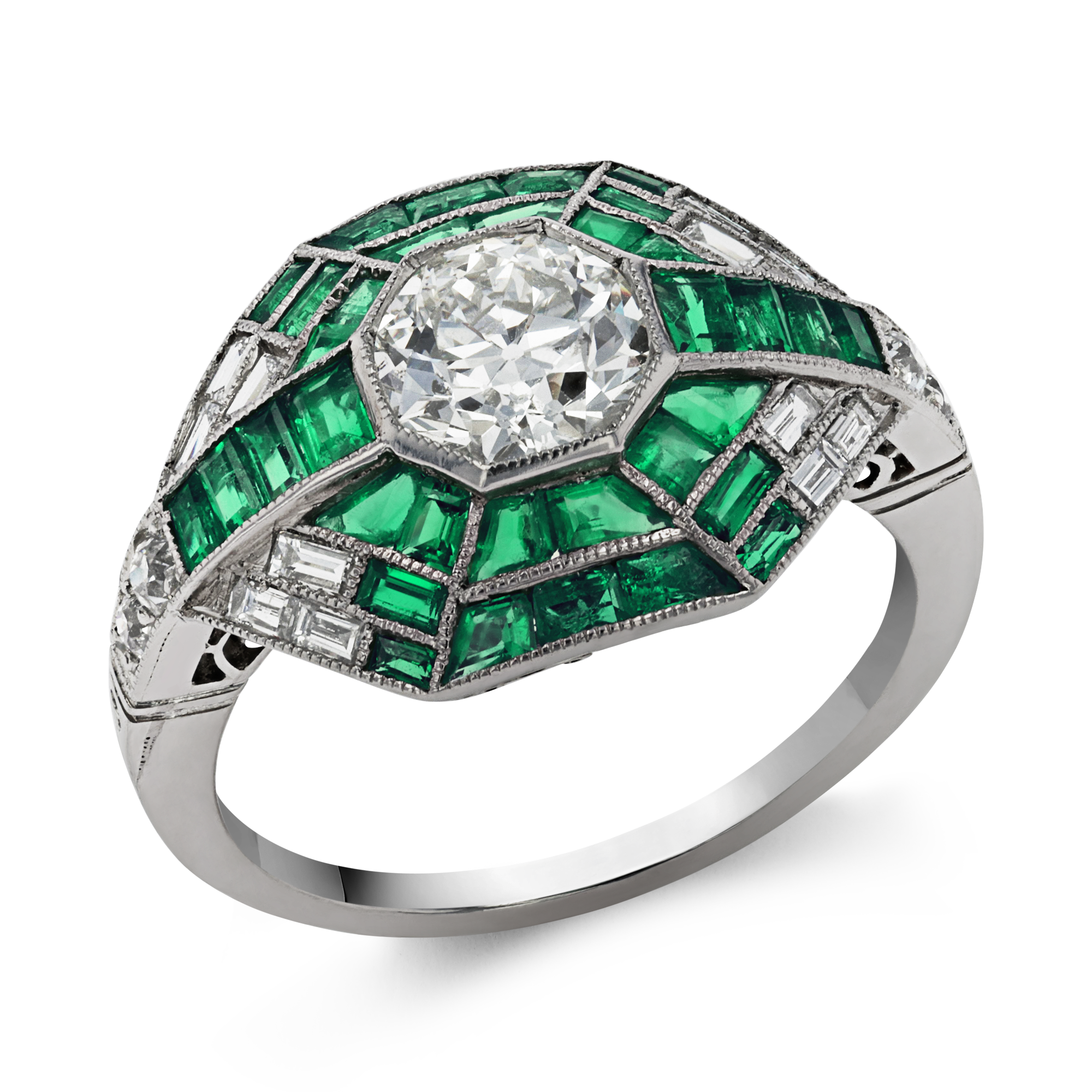 Art Deco Inspired 0.92ct Emerald and Diamond Cluster Ring Octagon Cut, Millegrain Set_1