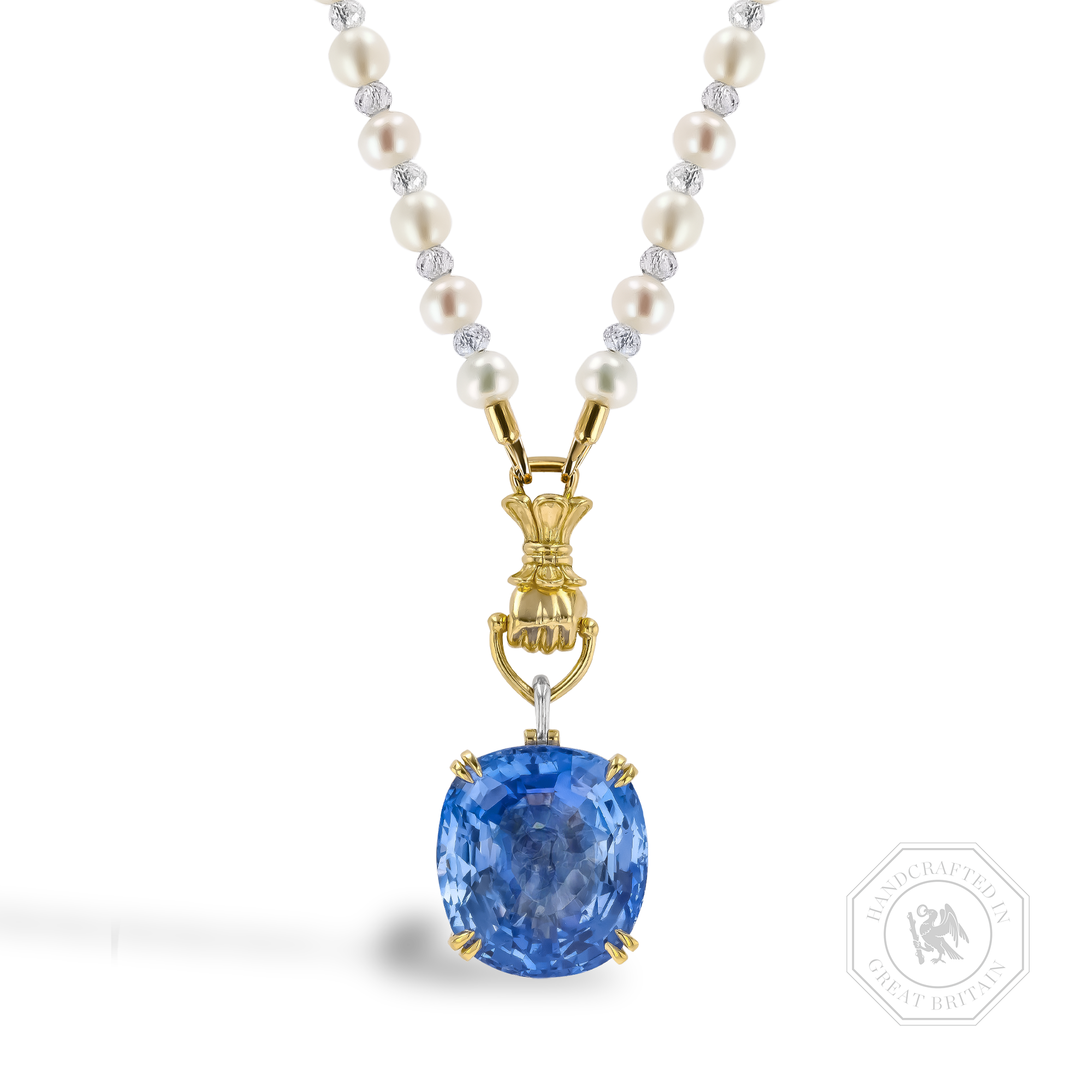 Masterpiece 37.09ct Sri Lankan Sapphire, Akoya Pearl and Diamond Figa Fortuna Pendant Antique Cushion & Briolette Cut, Claw Set_1