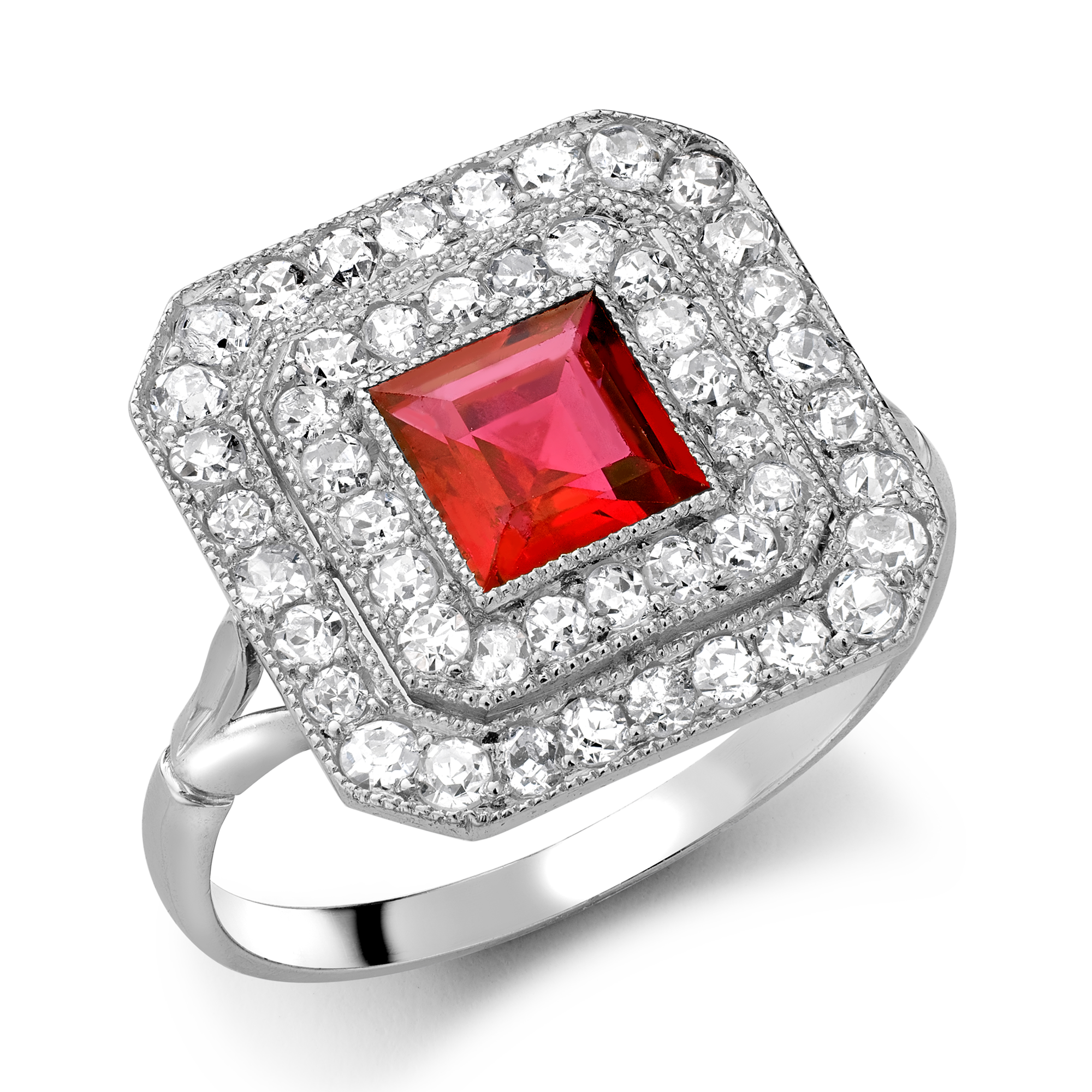Art Deco 0.65ct Ruby and Diamond Plaque Ring Square Step Cut, Claw Set_1