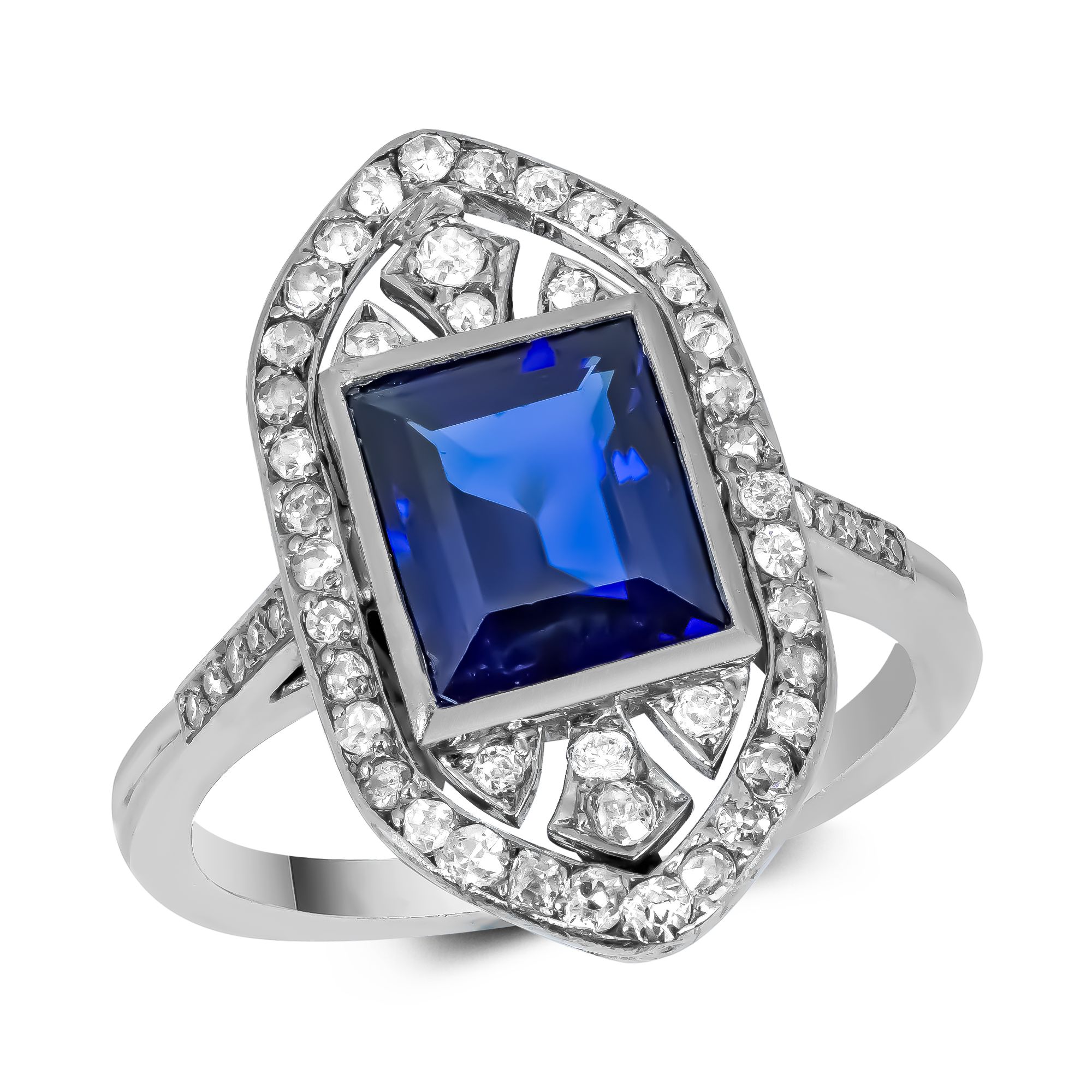 Art Deco Emerald Cut Sapphire and Diamond Ring Emerald & Old Cut, Rubover Set_1