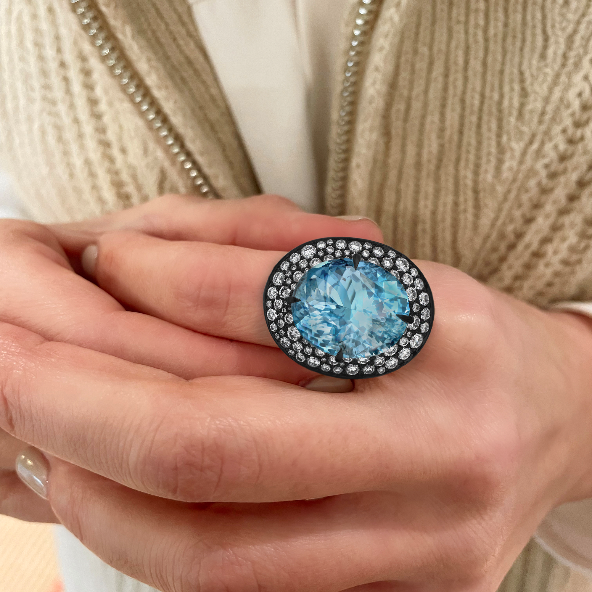 Snowstorm Aquamarine Cluster Ring Claw Set with Pave set Diamond Surround_10