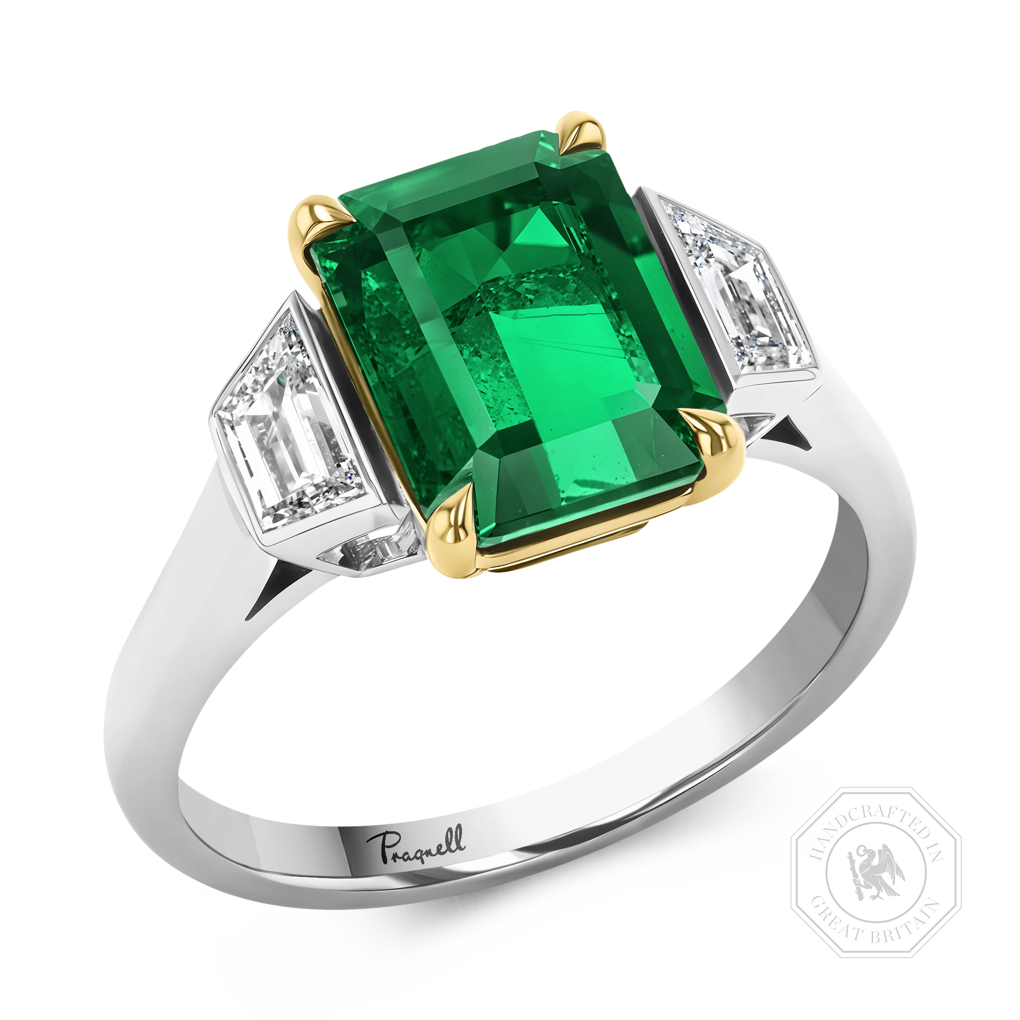 2.90ct Emerald and Diamond Three Stone Ring Emerald Cut, Claw Set_1