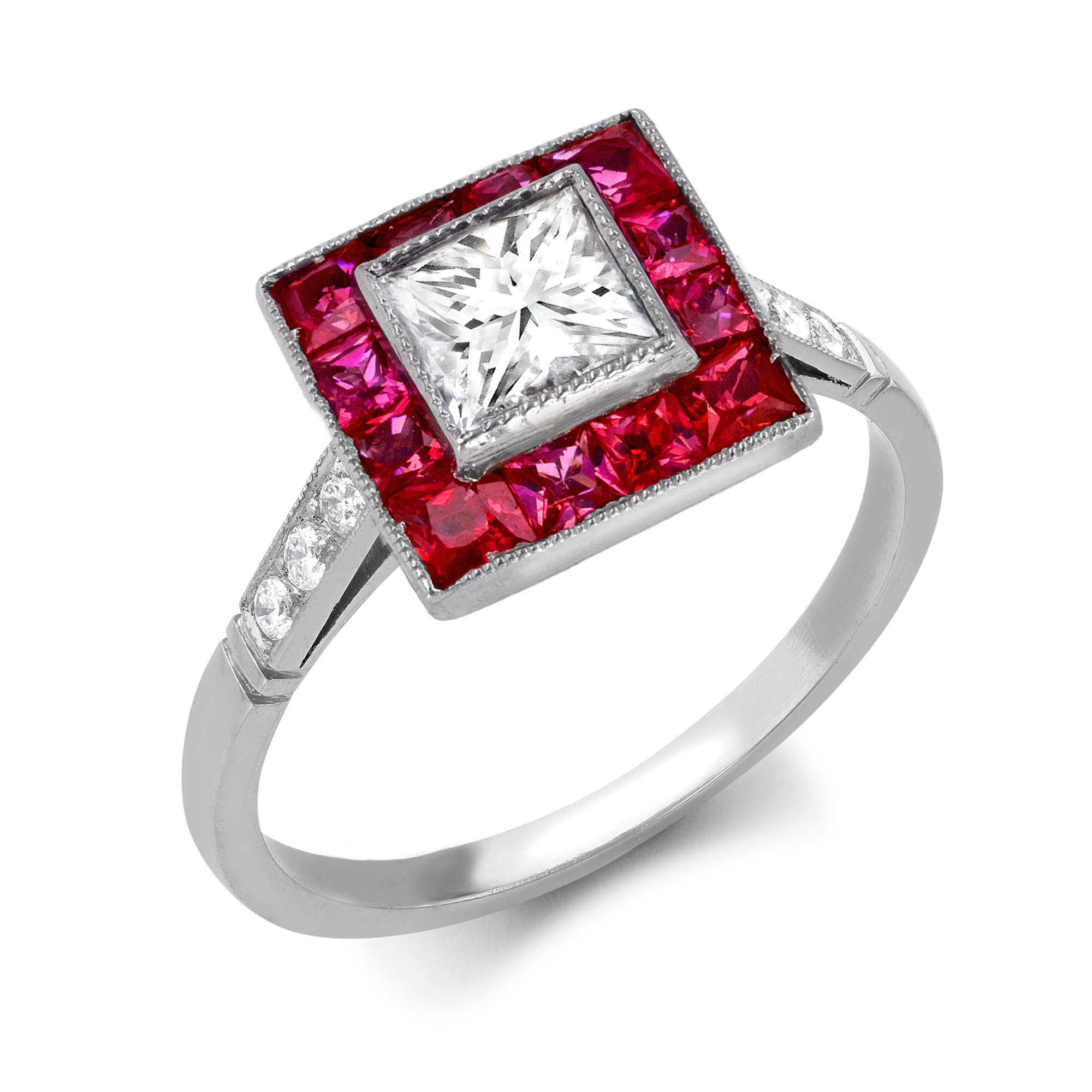 Diamond and ruby cluster ring Princess Cut, Millegrain Set_1