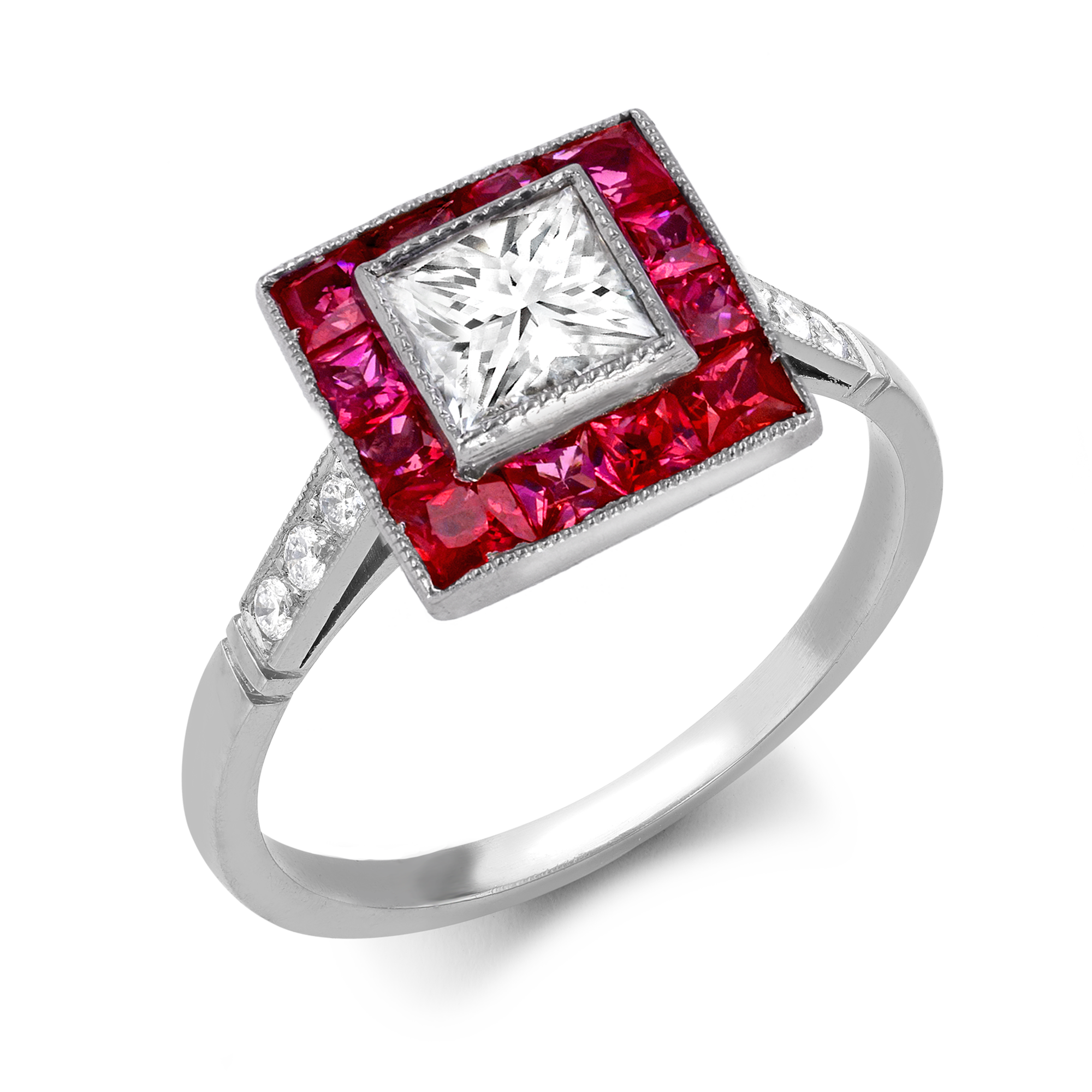 Diamond and ruby cluster ring Princess Cut, Millegrain Set_1