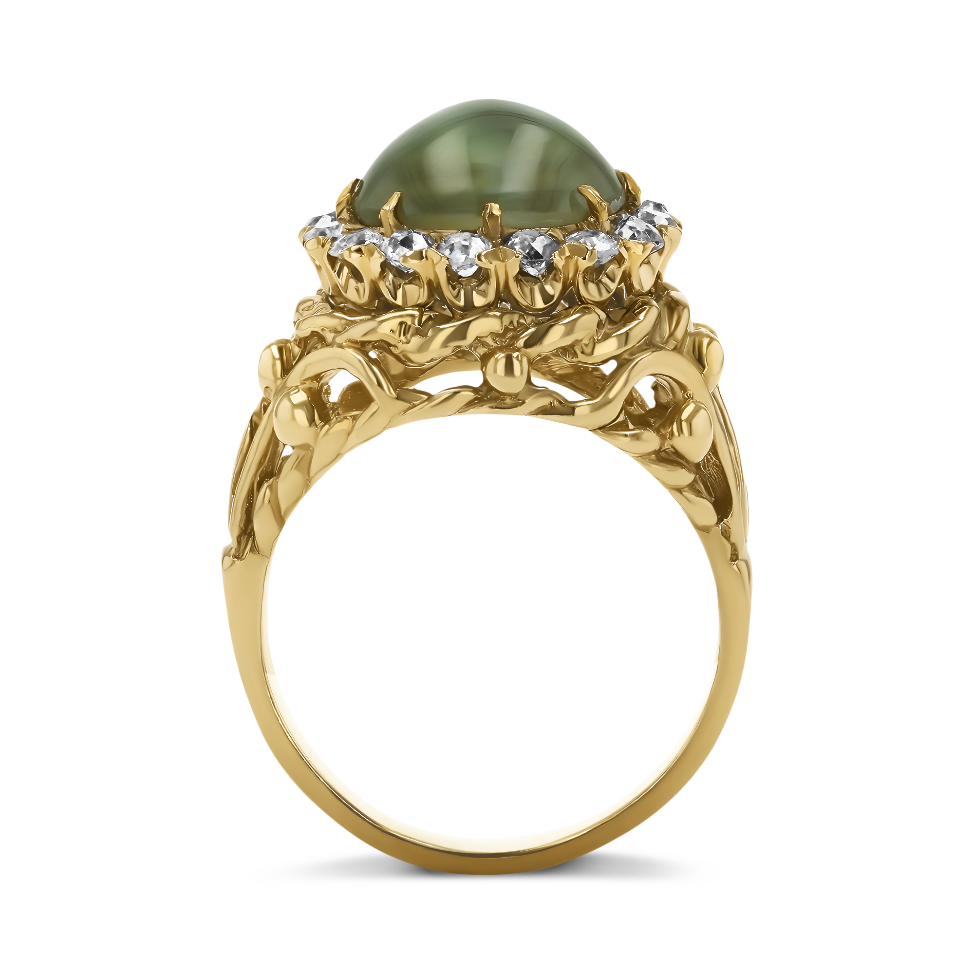 Cabochon Cut Green Cats Eye and Diamond Ring Cabochon Cut, Claw Set_3