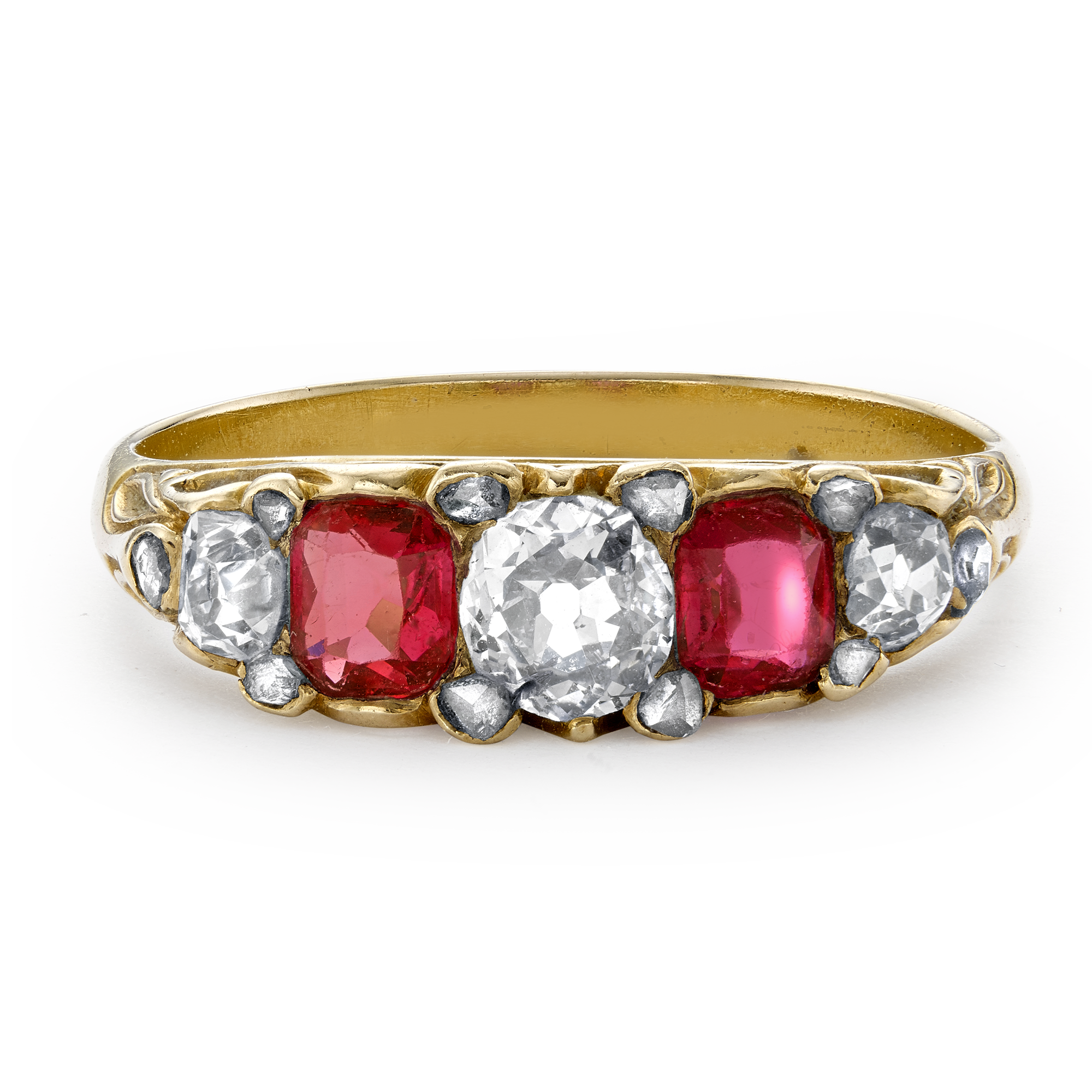 Victorian Five Stone Diamond and Ruby Ring Cushion & Old Cut, Claw Set_2