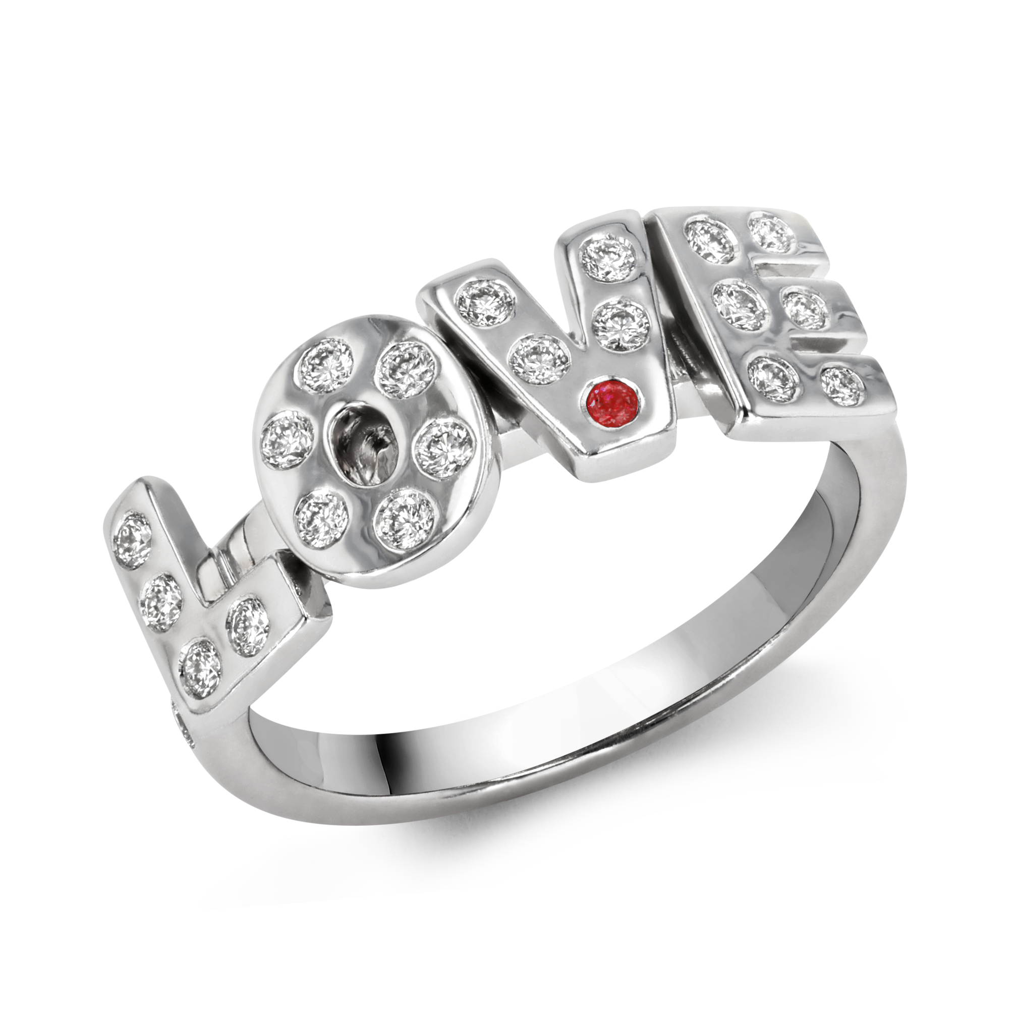Contemporary Diamond & Ruby LOVE Ring Brilliant Cut, Rubover Set_1