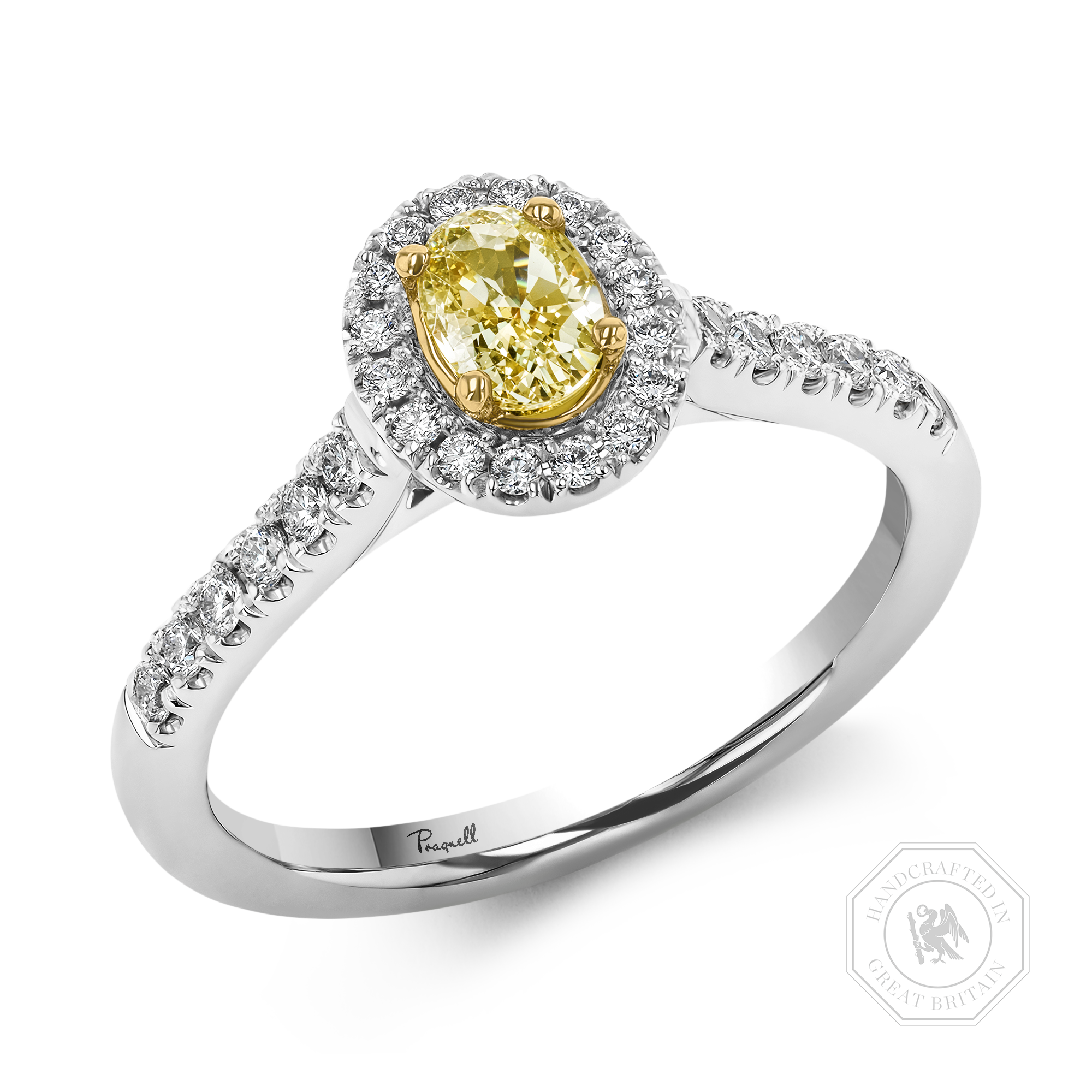Fancy Yellow Diamond Cluster Ring with Diamond Surround and Shoulders Oval Cut, Four Claw Set_1