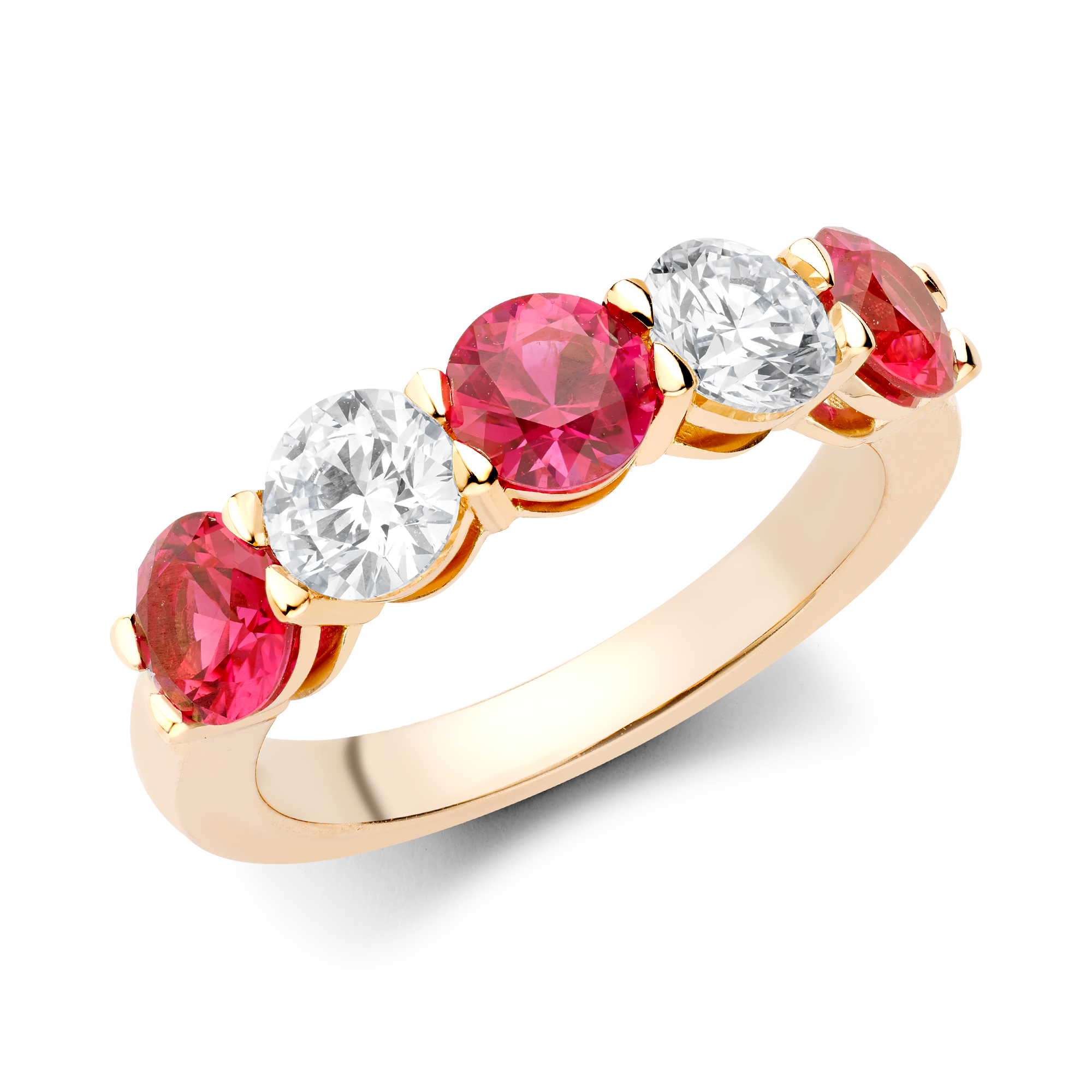 Five Stone Ruby and Diamond Ring Round Brilliant Cut, Claw Set_1