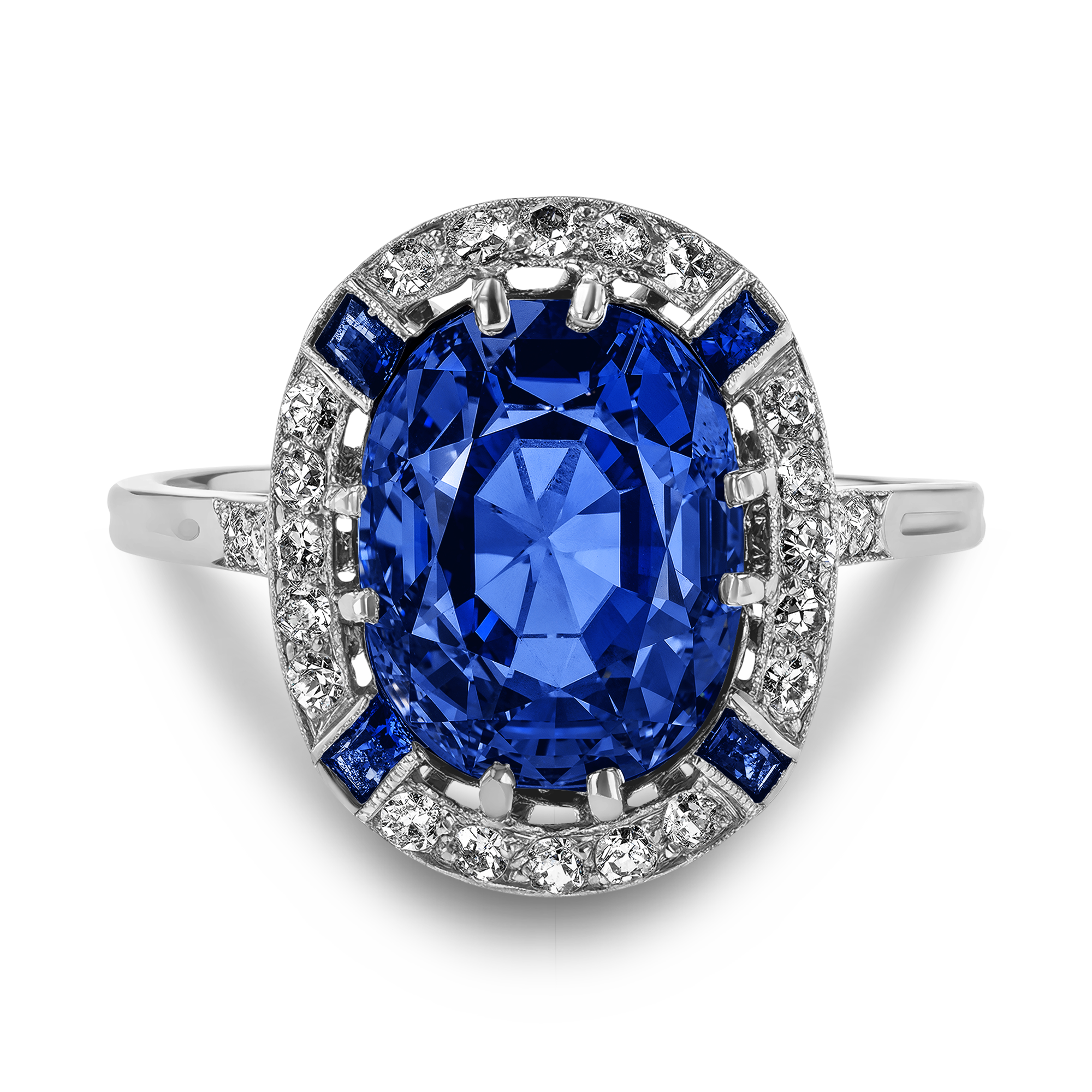 Art Deco 6.03ct Sapphire and Diamond Cluster Ring Cushion Antique Cut, Claw Set_2