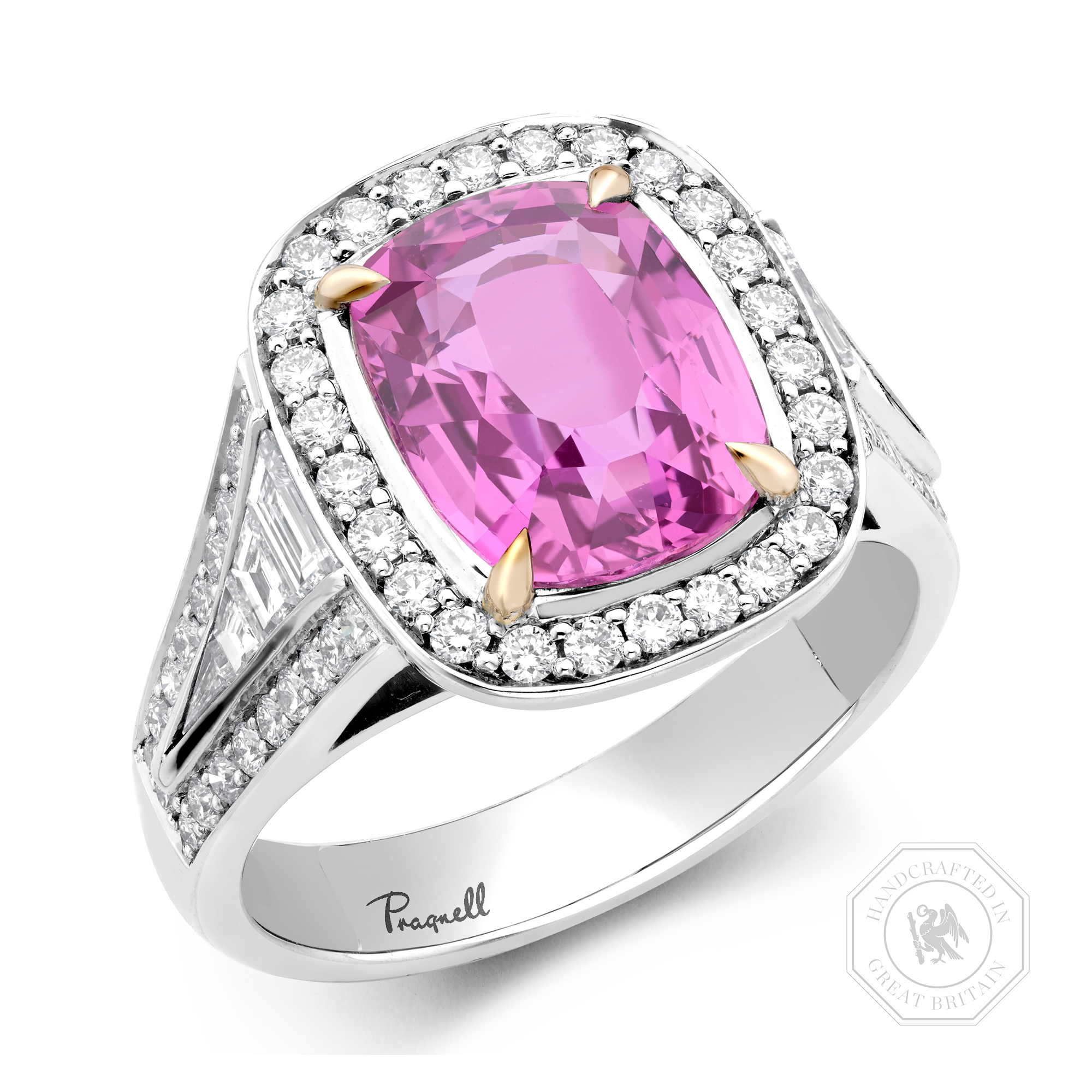 Pink Sapphire and Diamond Cluster Ring Cushion & Brilliant Cut, Claw & Channel Set_1