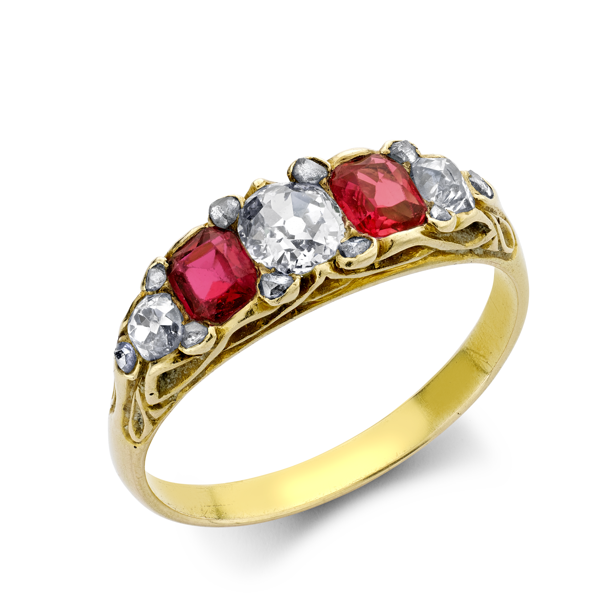 Victorian Five Stone Diamond and Ruby Ring Cushion & Old Cut, Claw Set_1