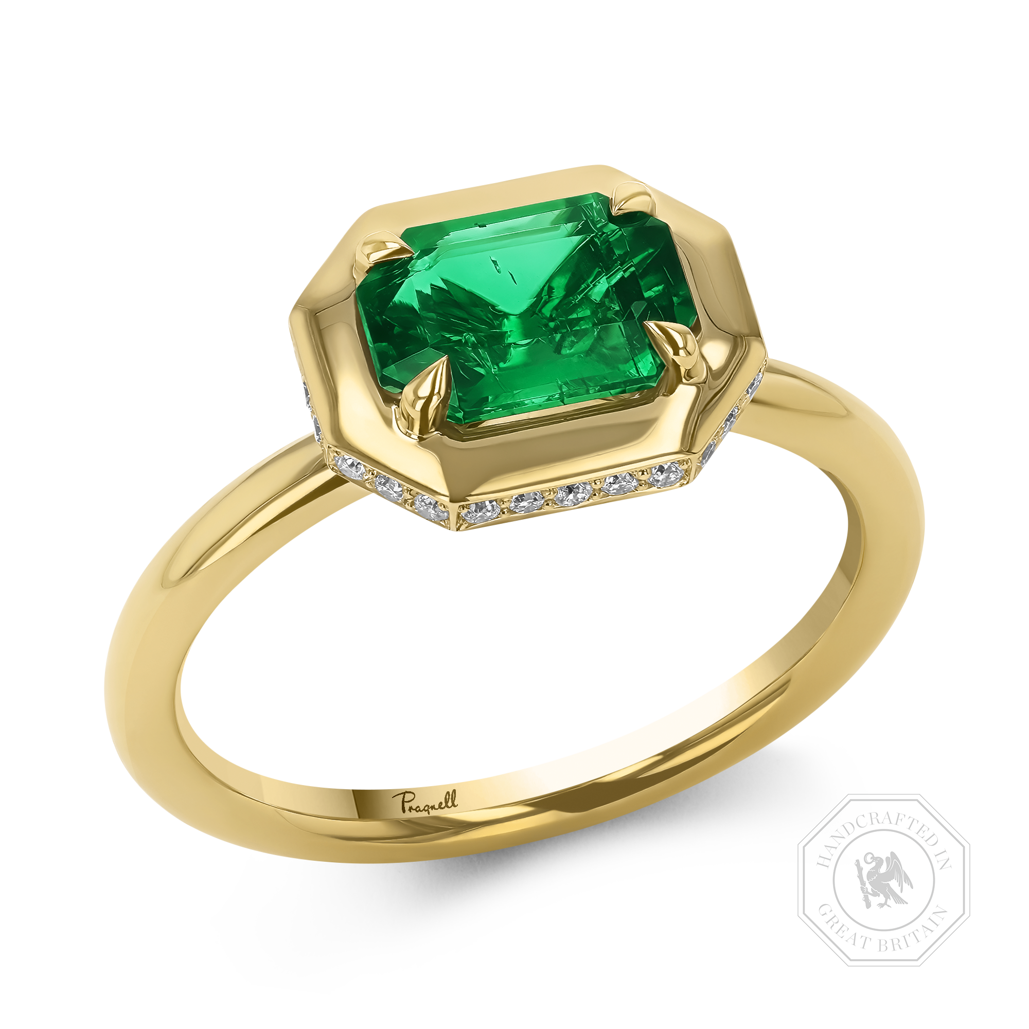 Skimming Stone 1.01ct Emerald and Diamond Ring Octagonal Cut, Claw Set_1