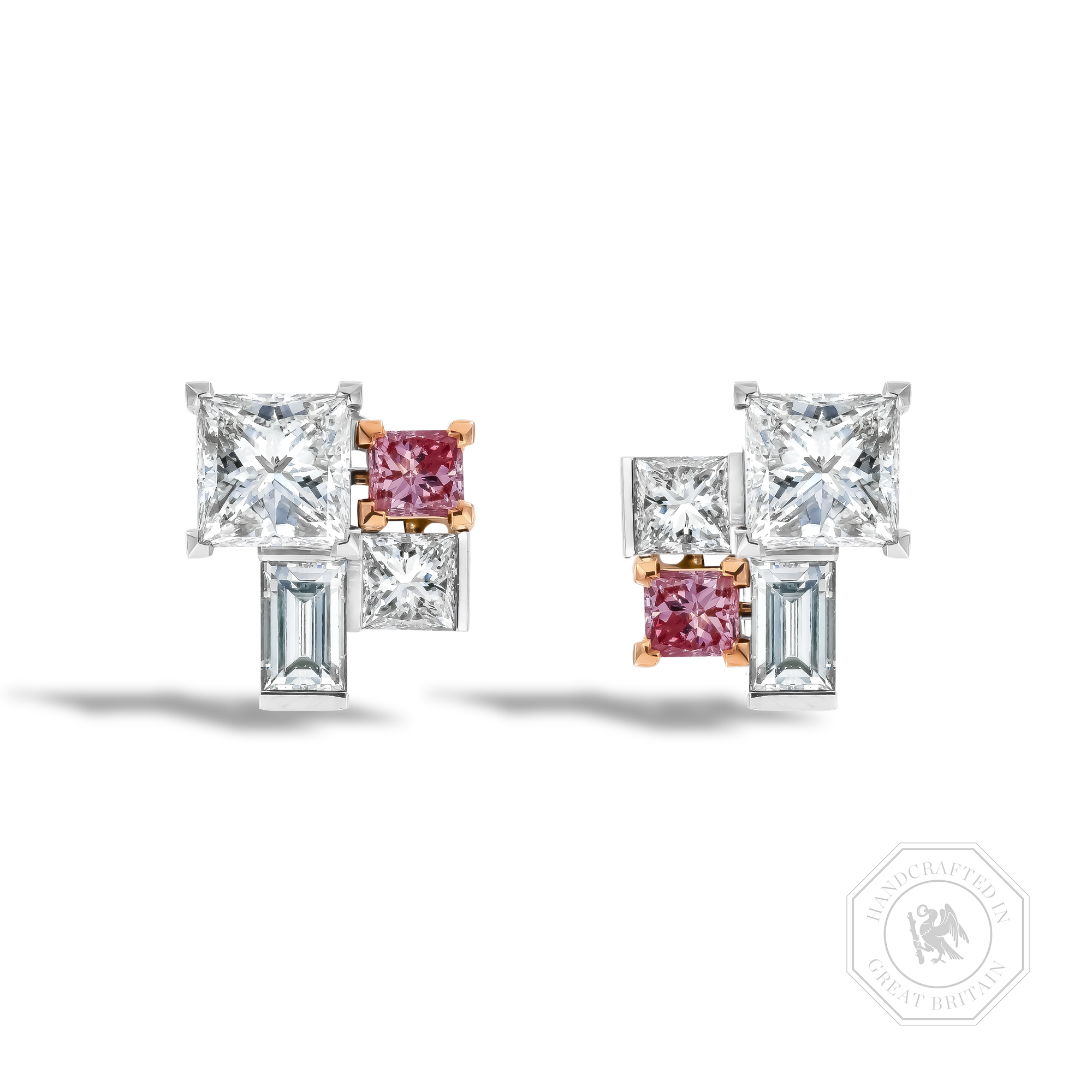 Mosaic 3.39ct Diamond and Fancy Pink Diamond Stud Earrings Princess & Baguette Cut, Claw Set_1