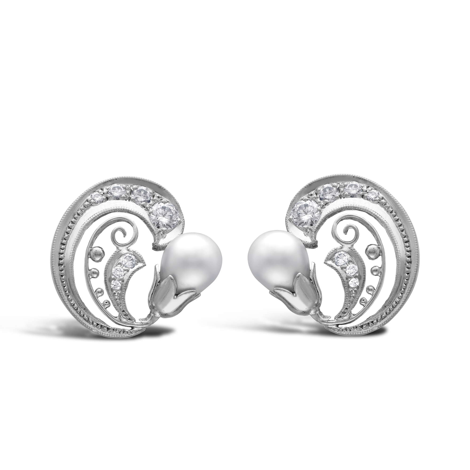 Retro Natural Pearl & Diamond Pierced Scroll Ear clips Brilliant Cut, Claw Set TBC_1