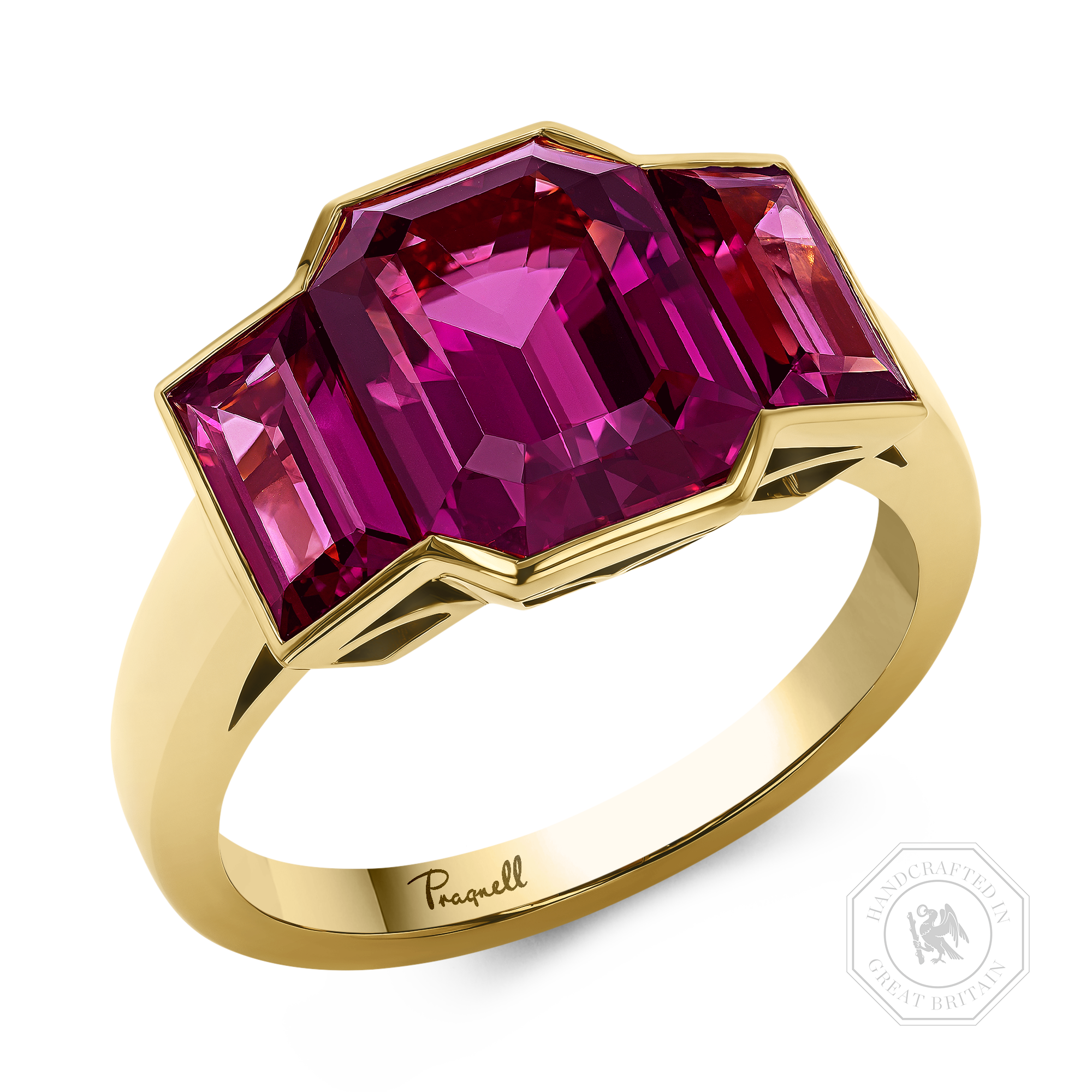 Kingdom 6.22ct Rhodolite Garnet Three Stone Ring Emerald Cut, Rubover Set_1
