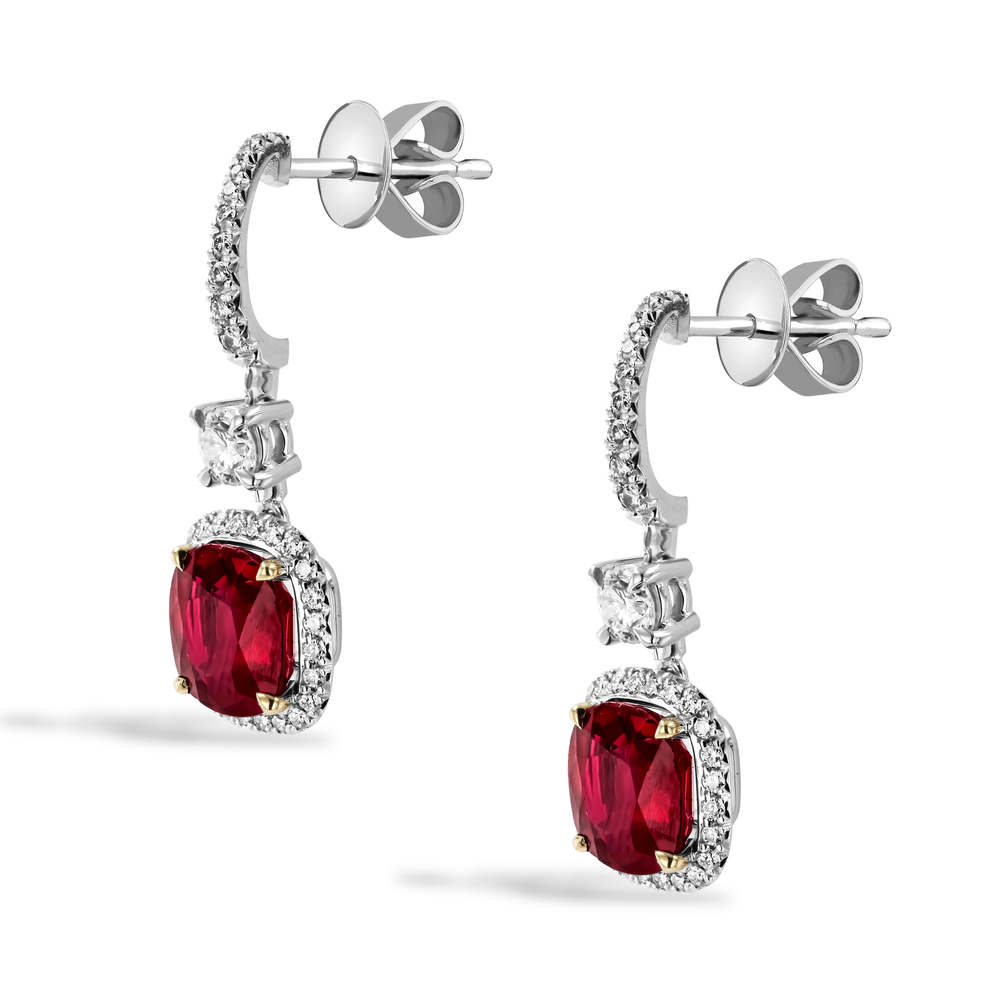 Masterpiece 4.47ct Burmese Ruby and Diamond Drop Earrings Cushion modern cut, Claw set_2