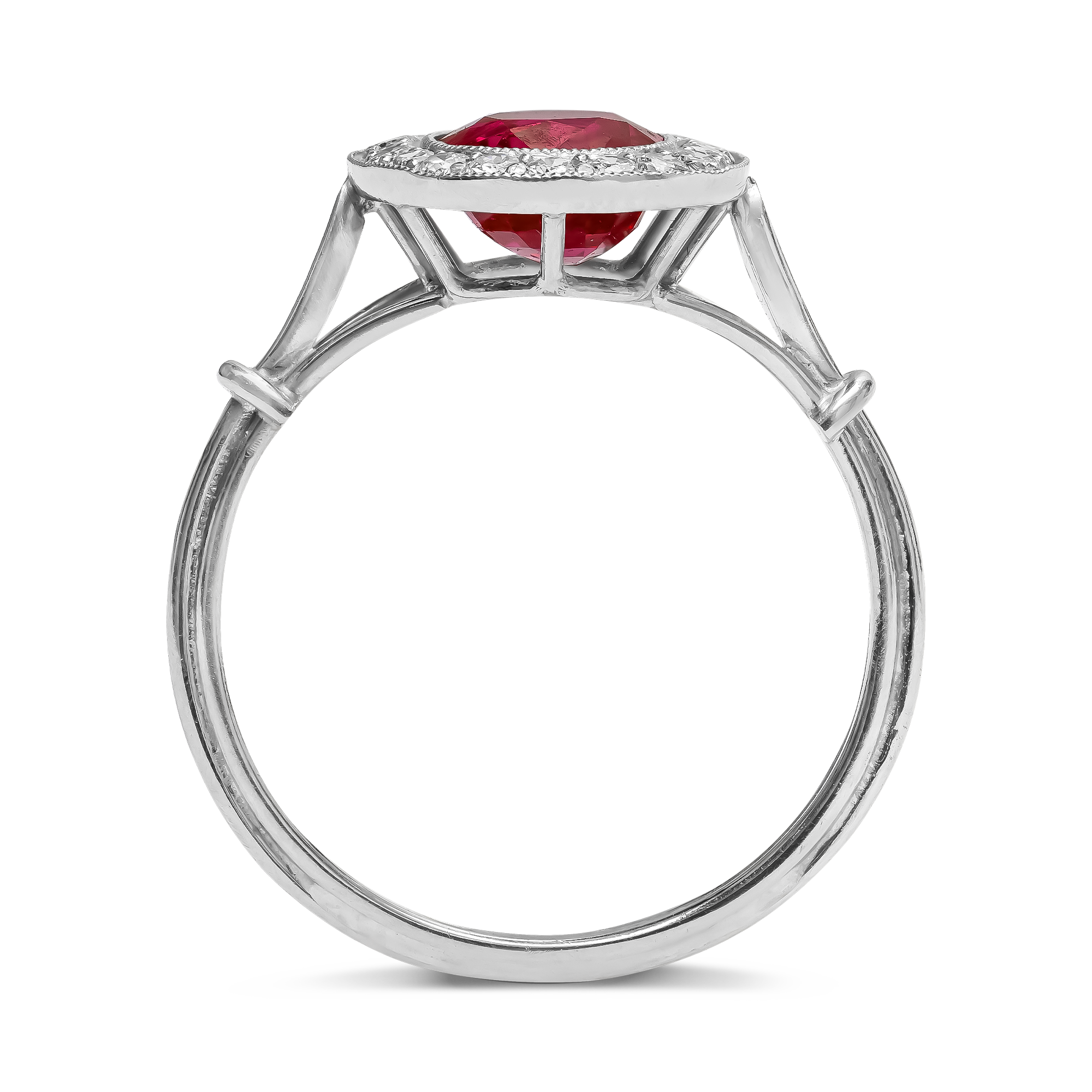 Victorian Cushion Cut 1.68ct Burma Ruby and Diamond Ring Modern Cushion Cut, Millegrain Set_3