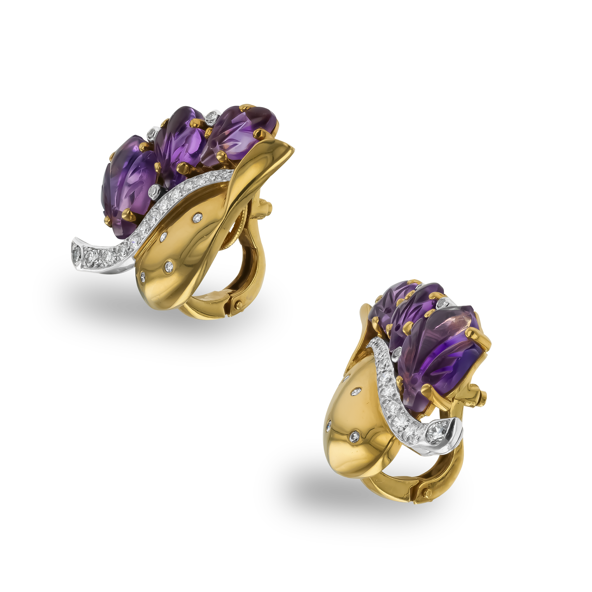 Retro Cartier Amethyst and Diamond Leaf Earrings Mixed Cut, Claw Set_2