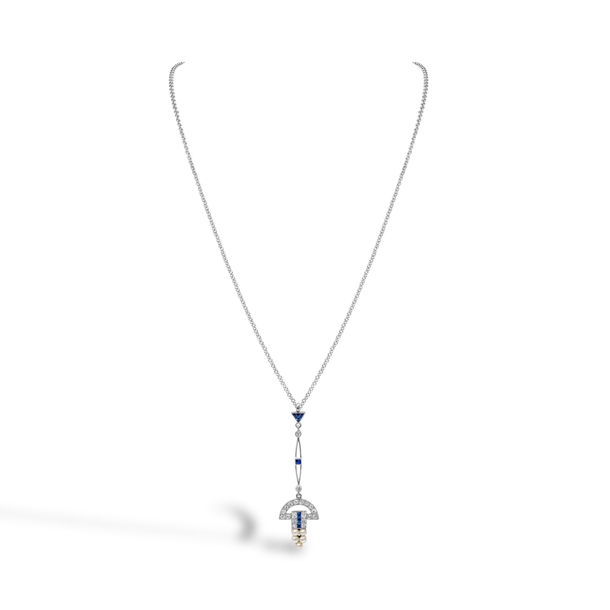 Trillion Cut Sapphire, Diamond and Pearl Pendant Trillion & Brilliant Cut, Millegrain_2