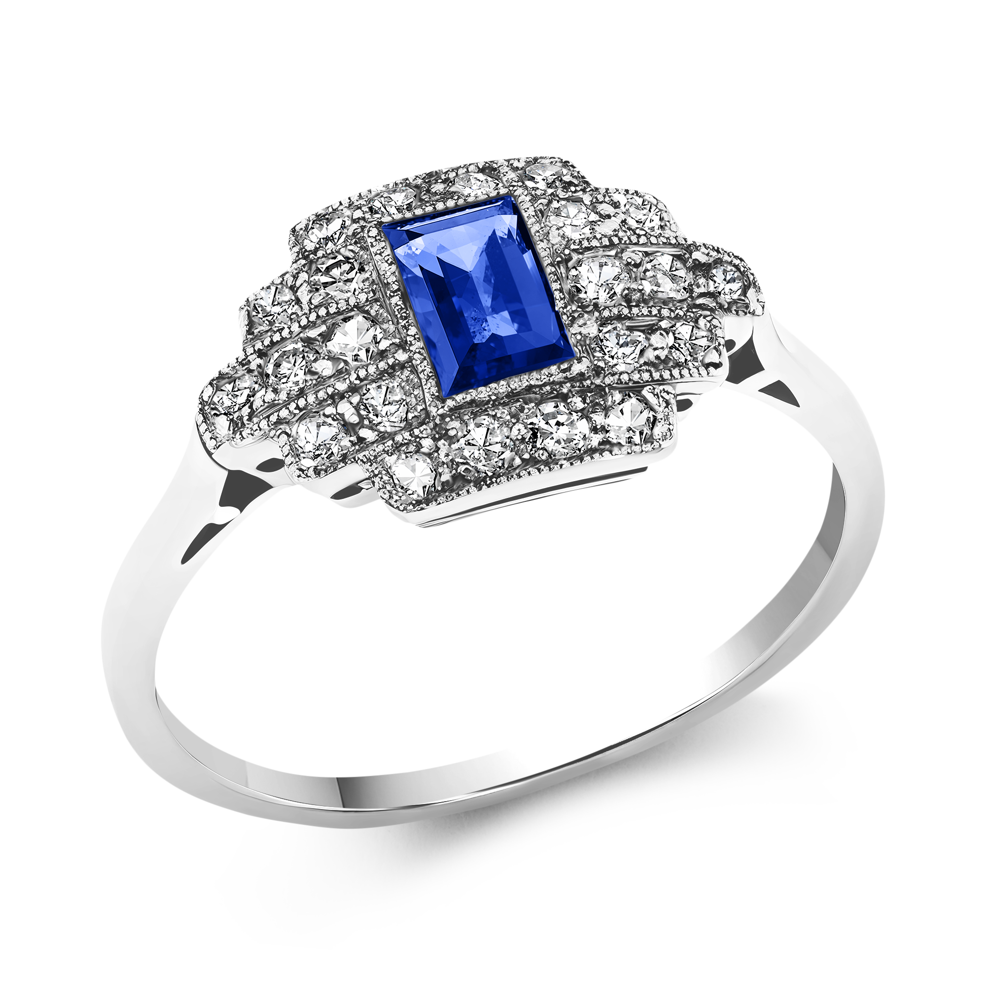 Art Deco Sapphire and Diamond Cluster Ring Emerald Cut, Claw Set_1
