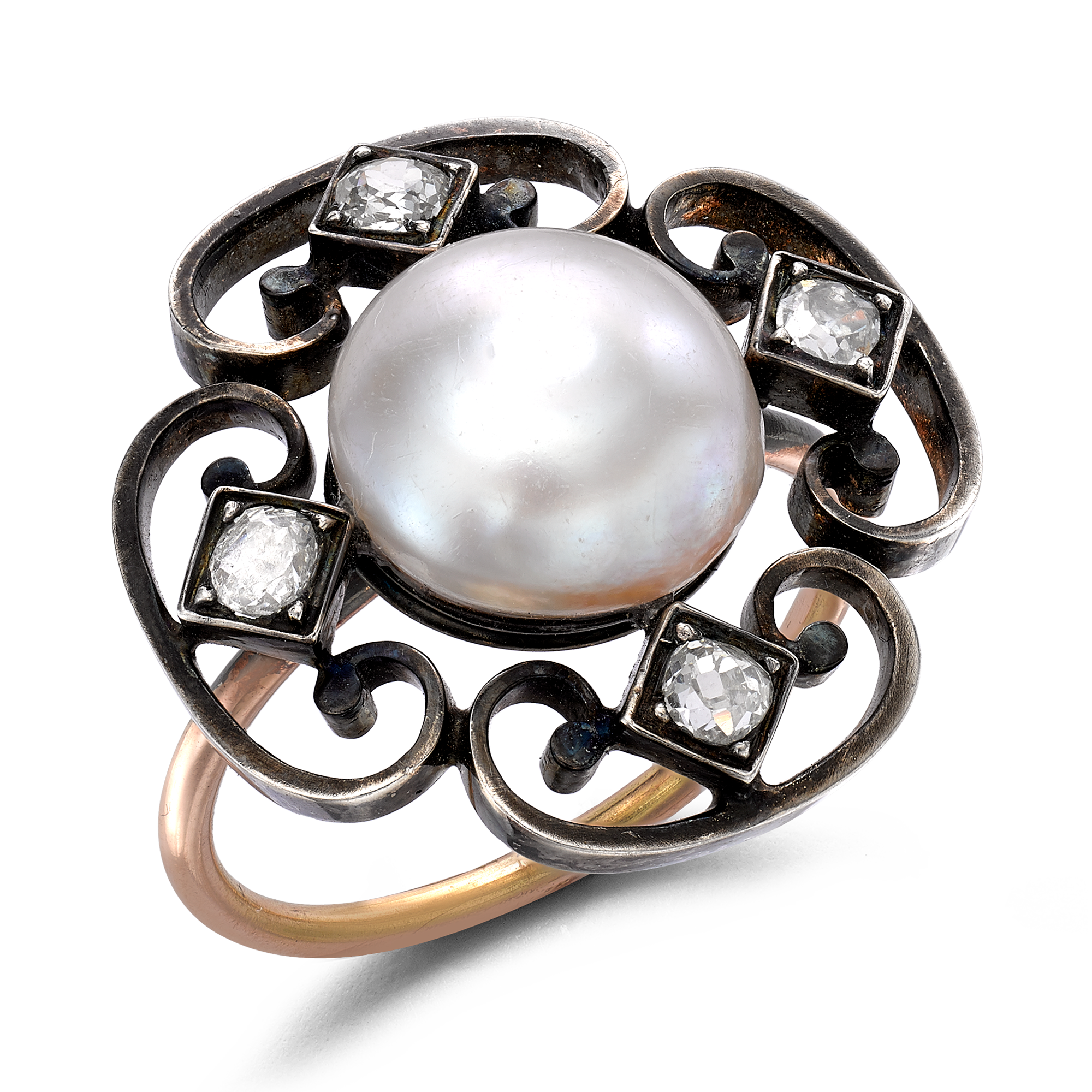 Belle Époque Natural Pearl Ring Natural Pearl Cluster Ring, with Diamond Surround_1