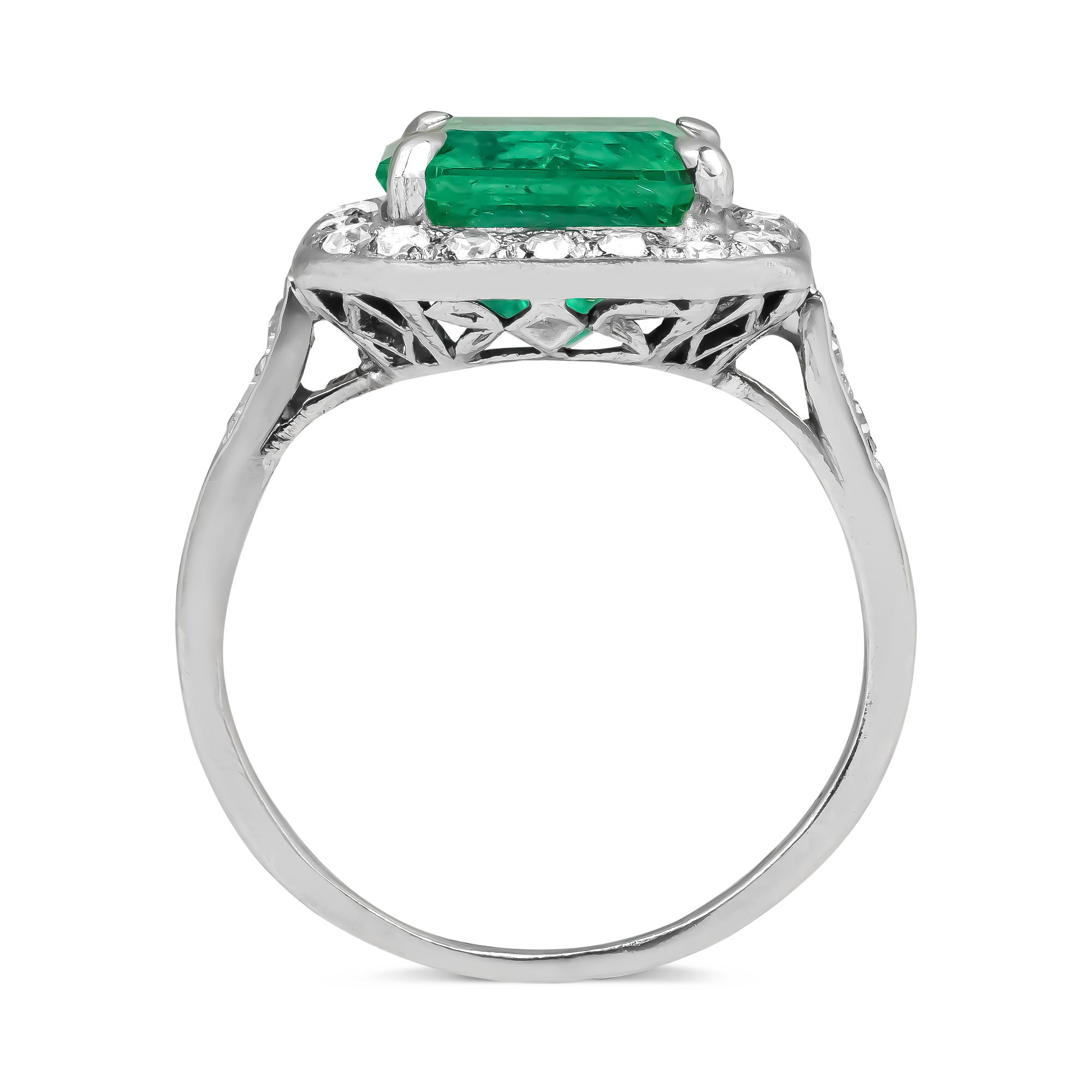 Edwardian Octagonal Cut 3.17ct Emerald and Diamond Ring Octagonal Cut, Claw Set_3