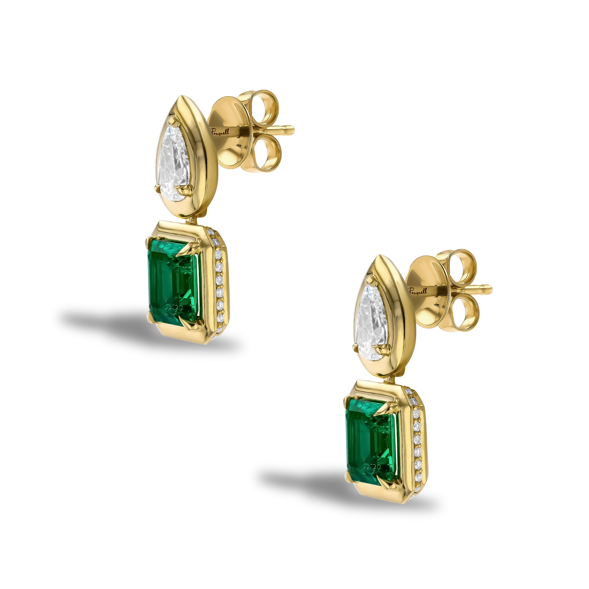 Skimming Stone Octagonal Cut Colombian Emerald and Diamond Earrings Octagonal Cut & Pear Shaped, Claw Set_2