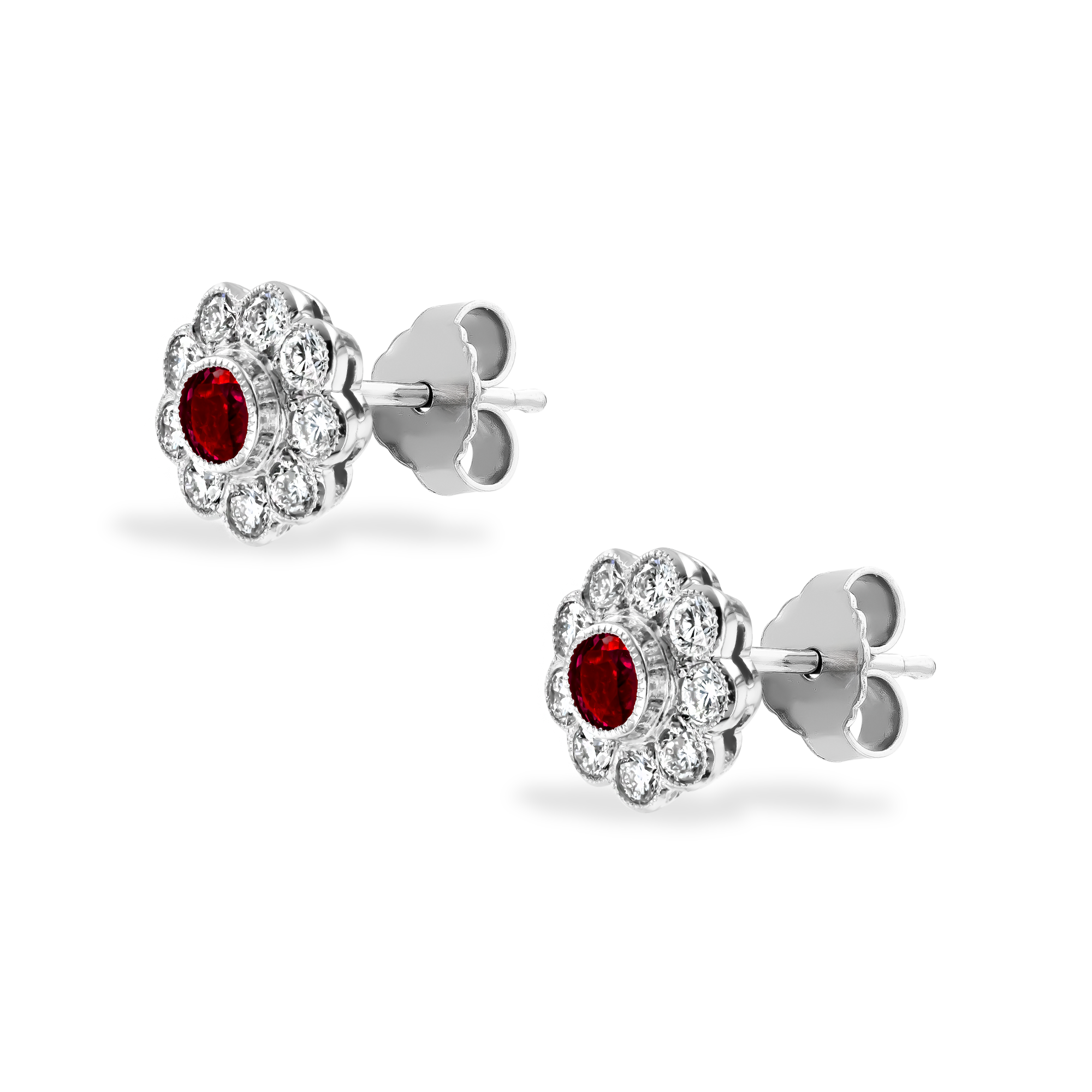 Contemporary Ruby and Diamond Earrings Brilliant Cut, Millegrain Set_2