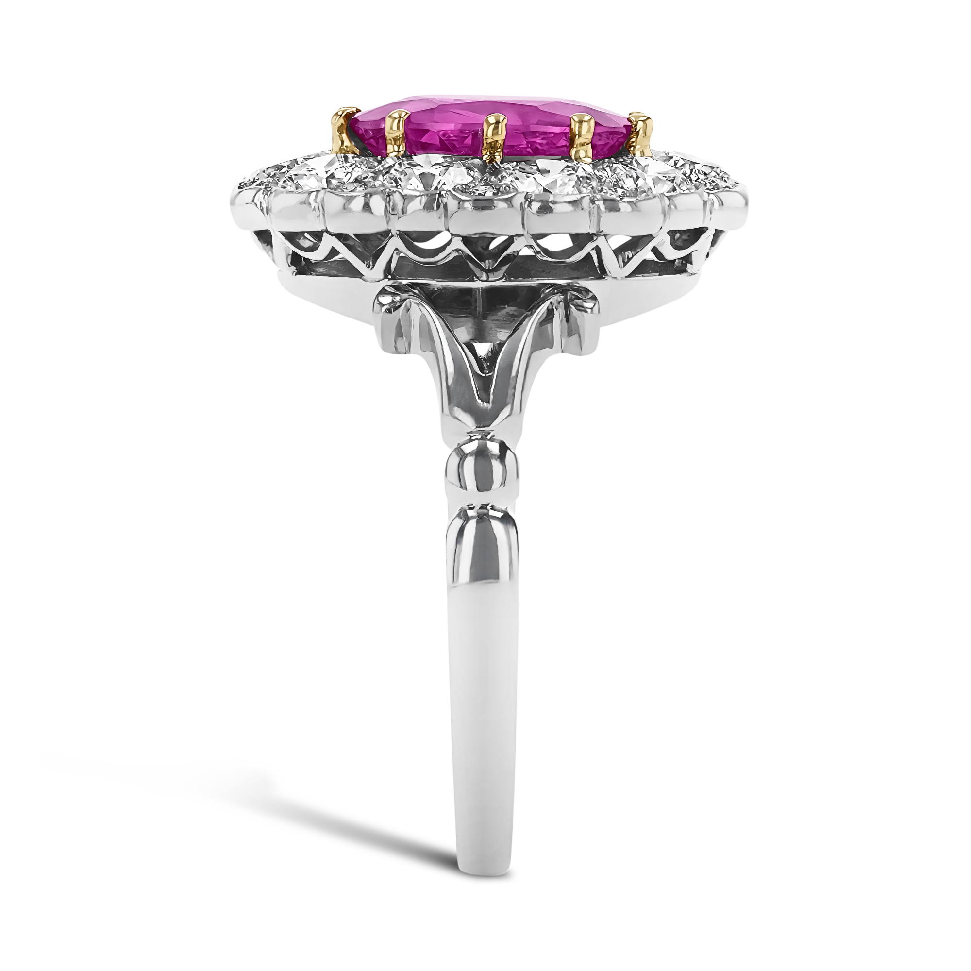 Contemporary Burmese Pink Sapphire Ring Oval Cut Cluster Ring, with Diamond Surround_4