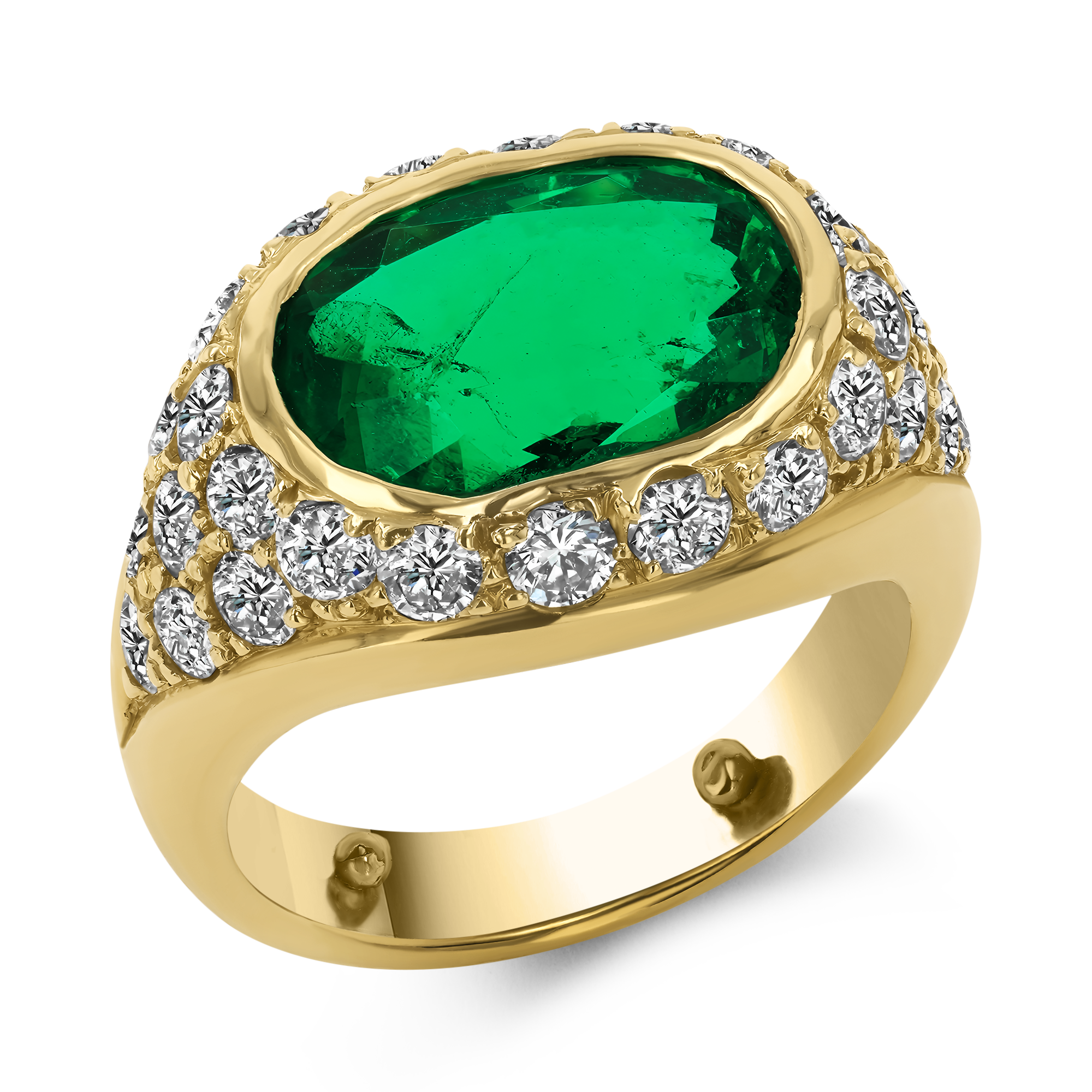 Retro Oval Cut 3.40ct Colombia Emerald and Diamond Ring Oval Cut, Rubover Set_1