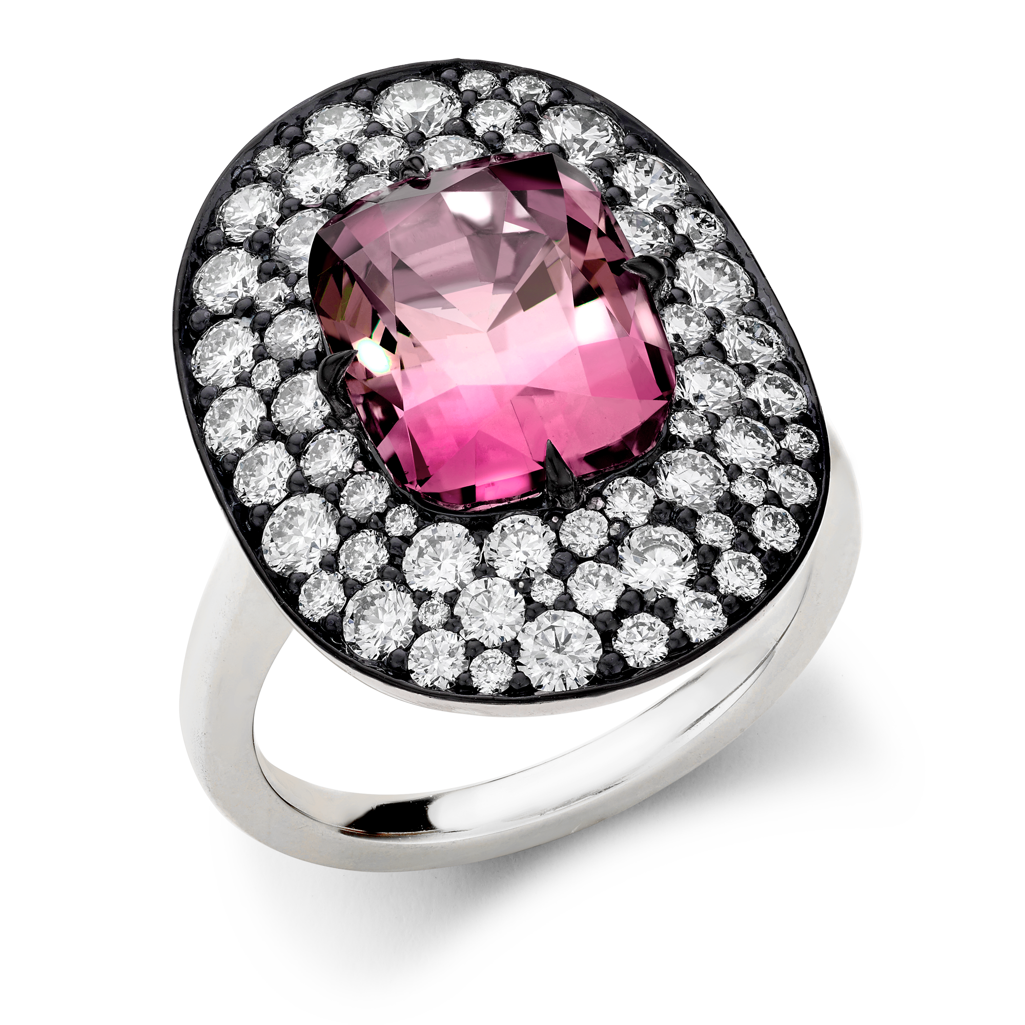 Snowstorm 4.72ct Pink Tourmaline and Diamond Cocktail Ring Cushion modern cut, Claw set_1