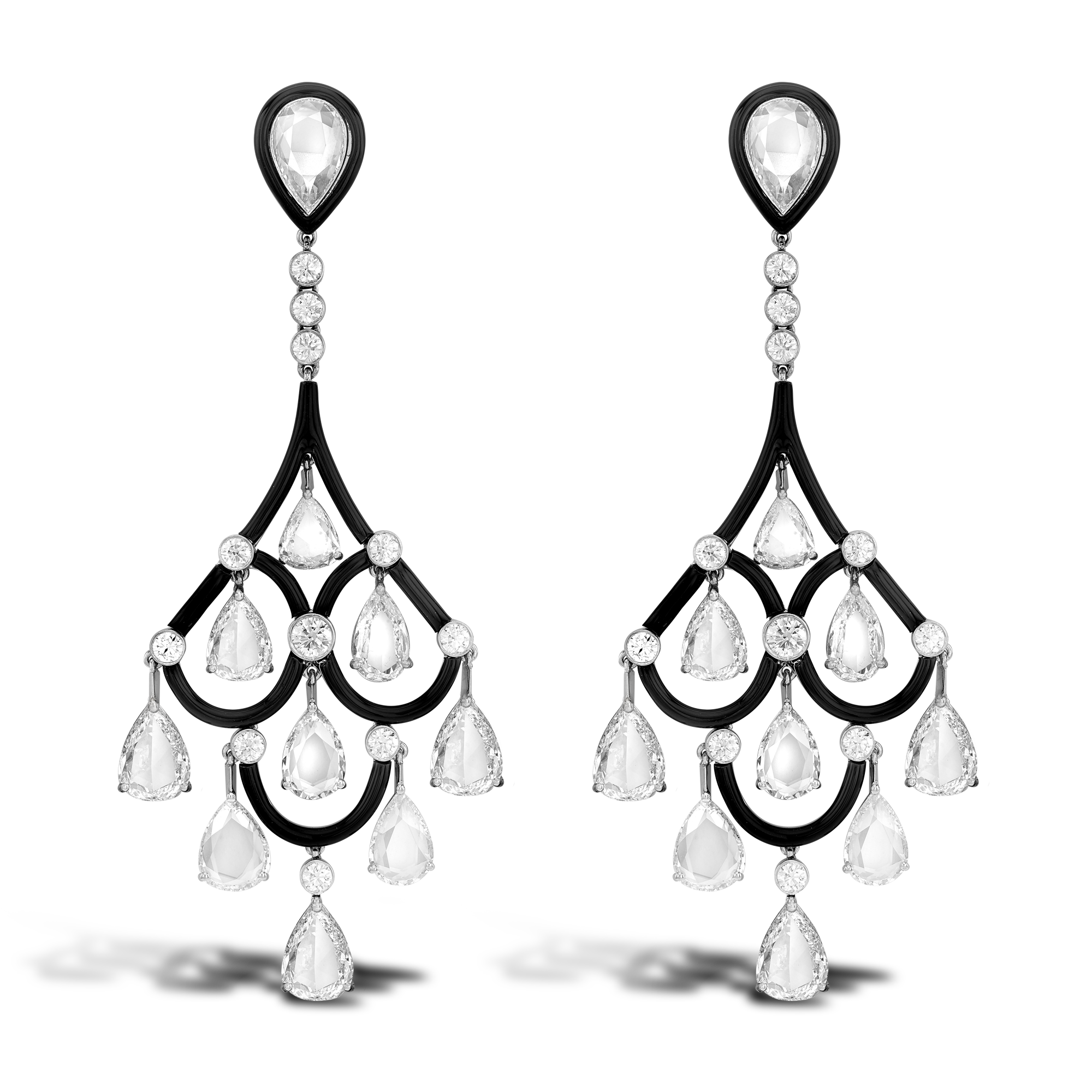 Diamond & Enamel Chandelier Drop Earrings Pear & Brilliant Cut, Claw and Rub Over Set_1