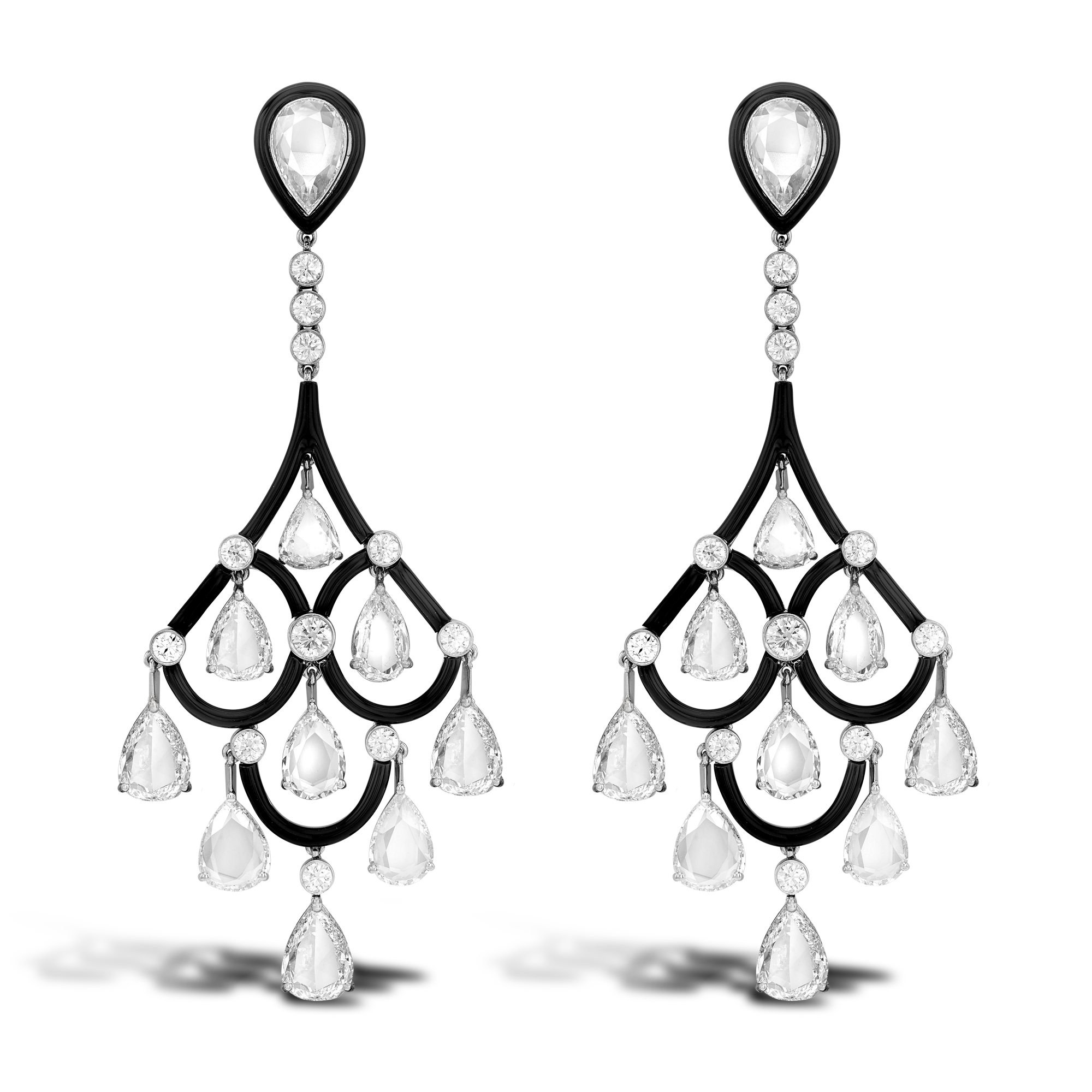 Diamond & Enamel Chandelier Drop Earrings Pear & Brilliant Cut, Claw and Rub Over Set_1