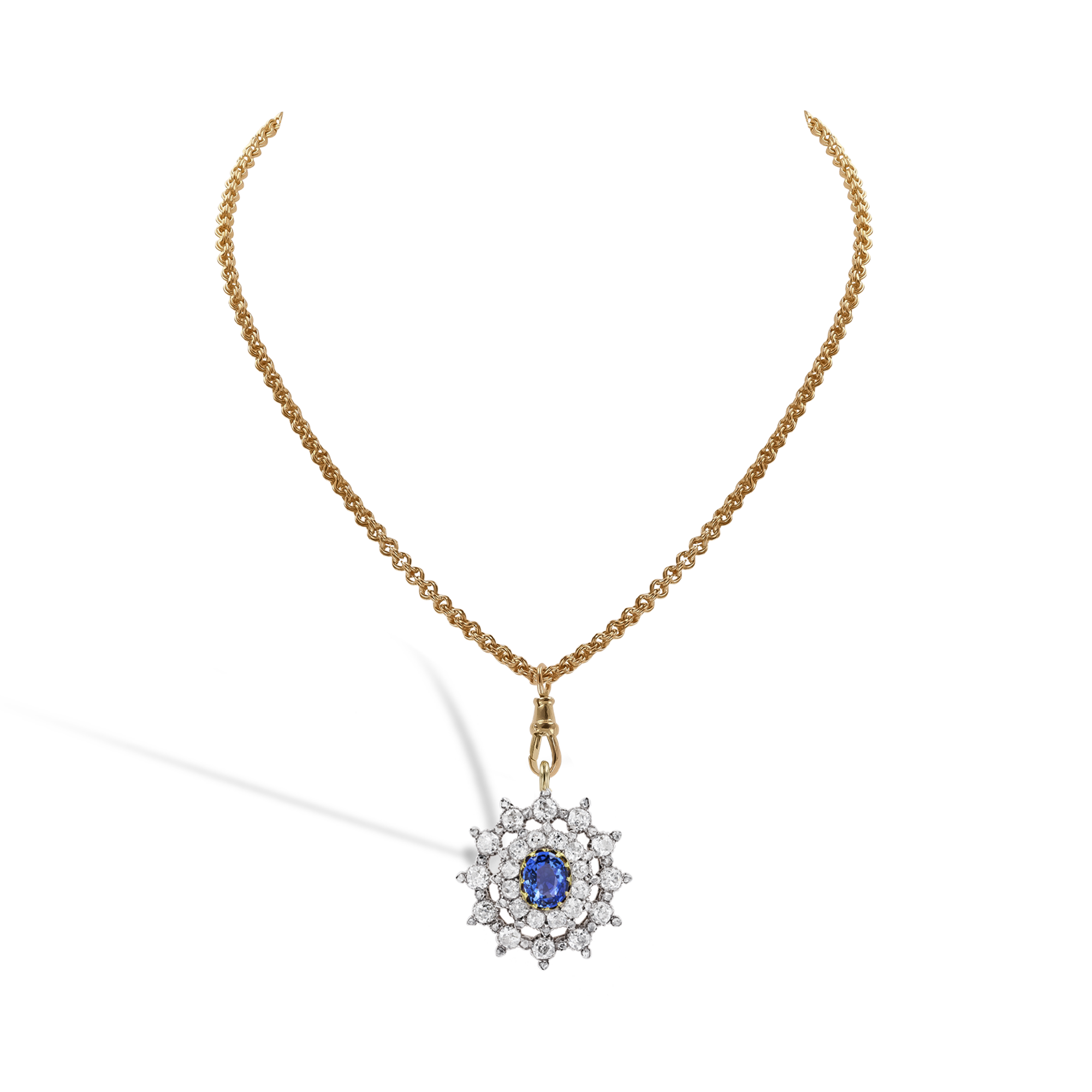 Victorian Oval Cut 2.05ct Sapphire and Diamond Cluster Pendant Oval Cut, Claw Set_2