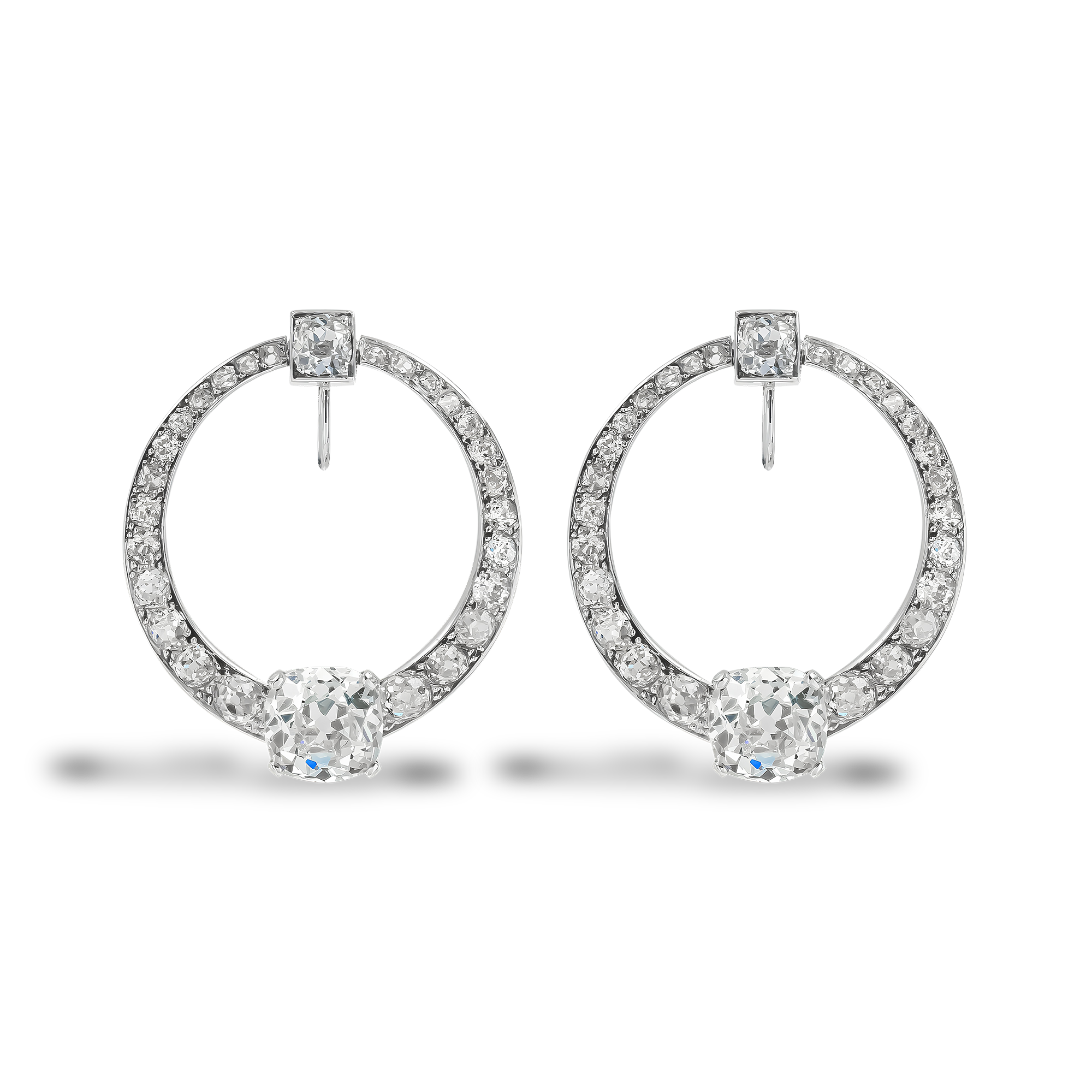 Art Deco Cartier Antique Cushion Cut Diamond Graduated Circular Earrings Antique Cushion Cut, Claw Set_1