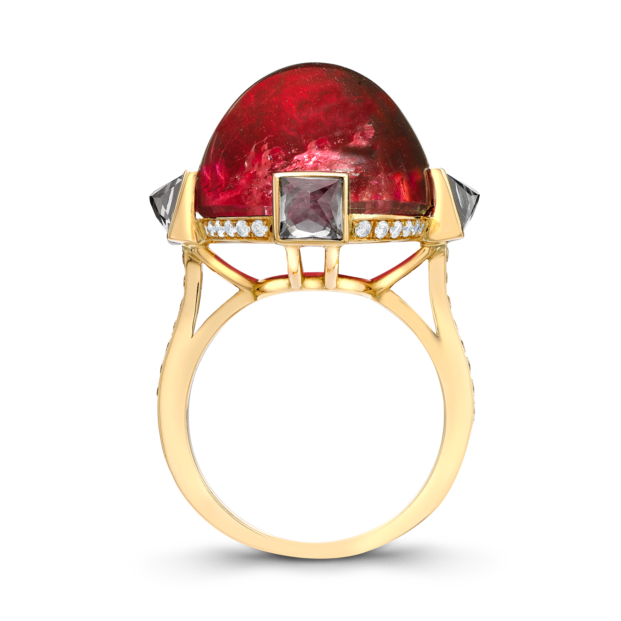 Cabochon Pink Tourmaline Ring Cluster Ring with Square Cut Spinels_3